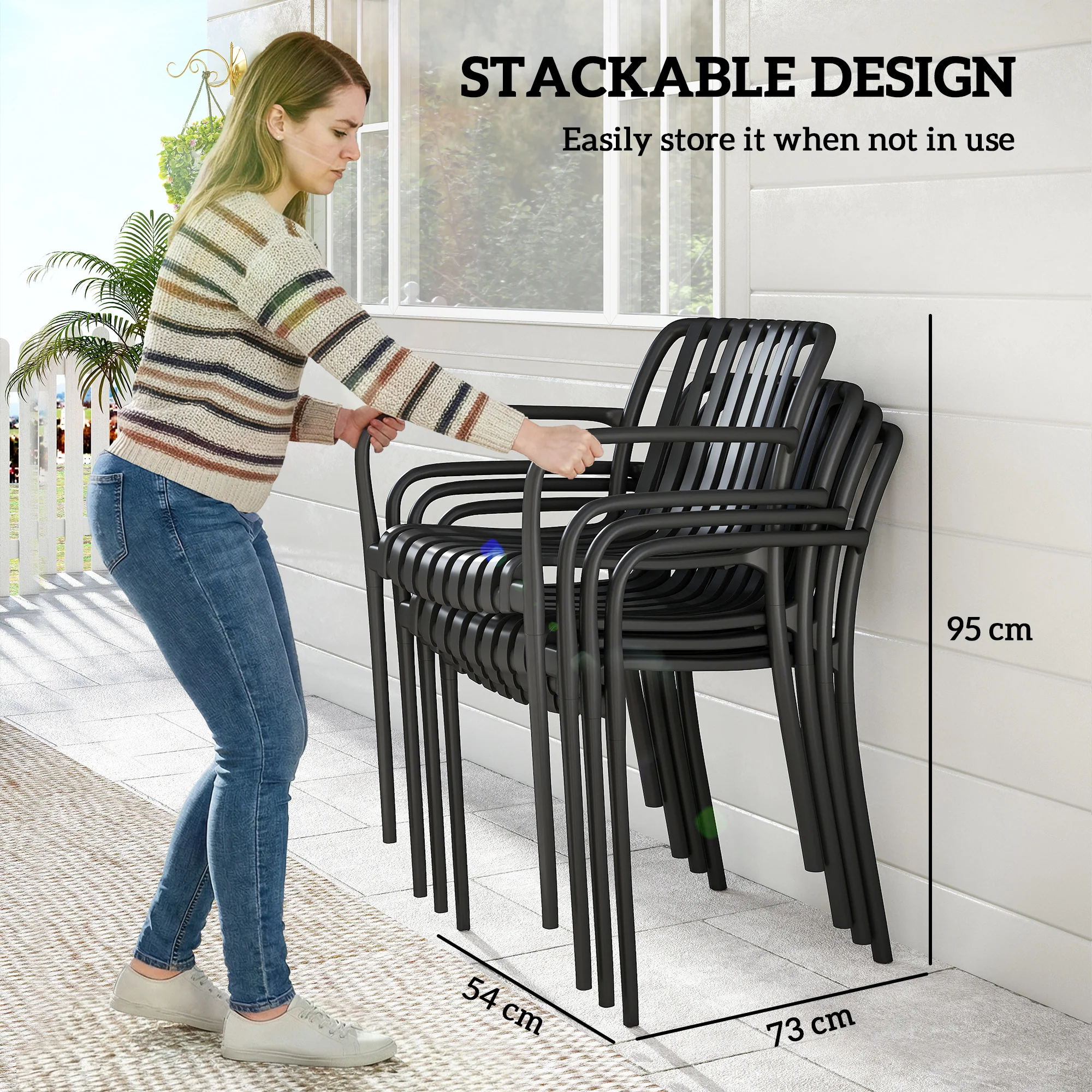 Stackable Patio Dining Chairs 4-Pack, Plastic Curved Back with Armrests, Black - Image 7