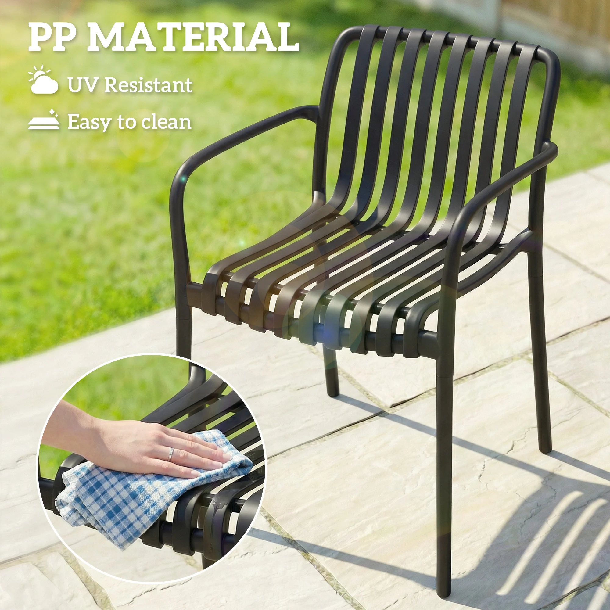 Stackable Patio Dining Chairs 4-Pack, Plastic Curved Back with Armrests, Black - Image 9