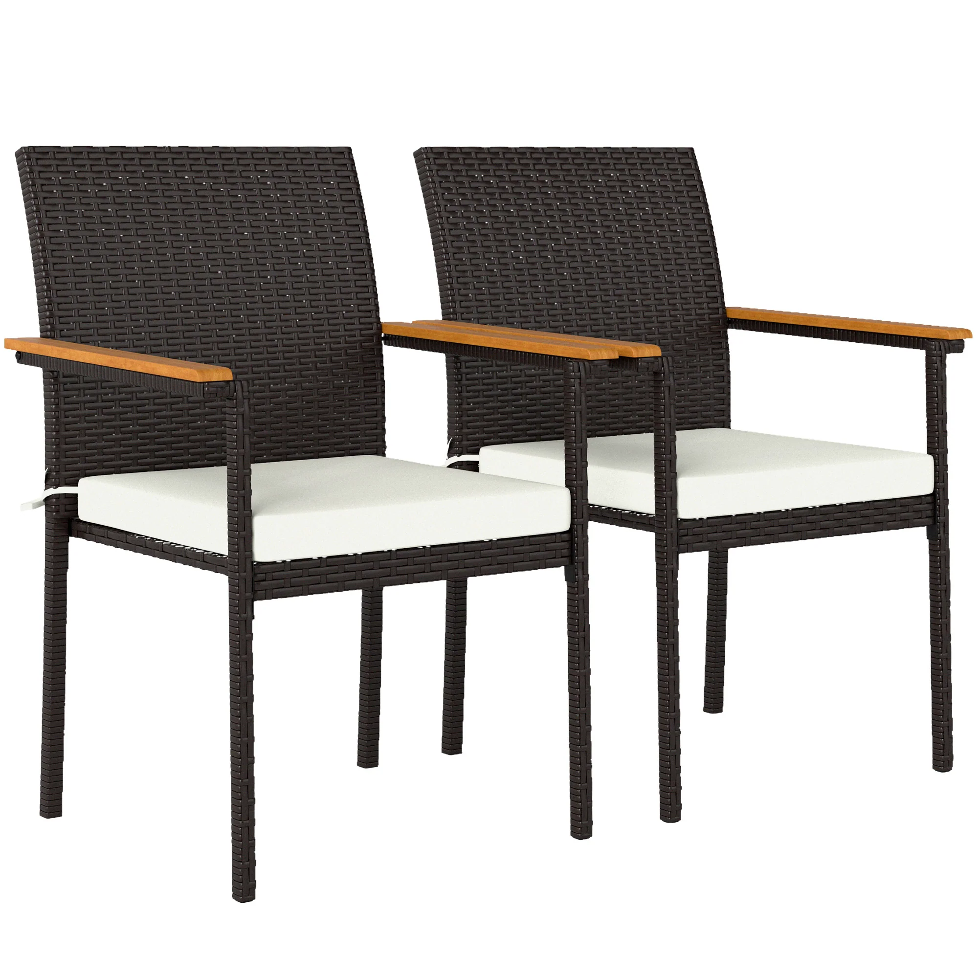 Stackable Wicker Patio Chairs Set of 2 with Removable Cushion & Armrest, Cream White