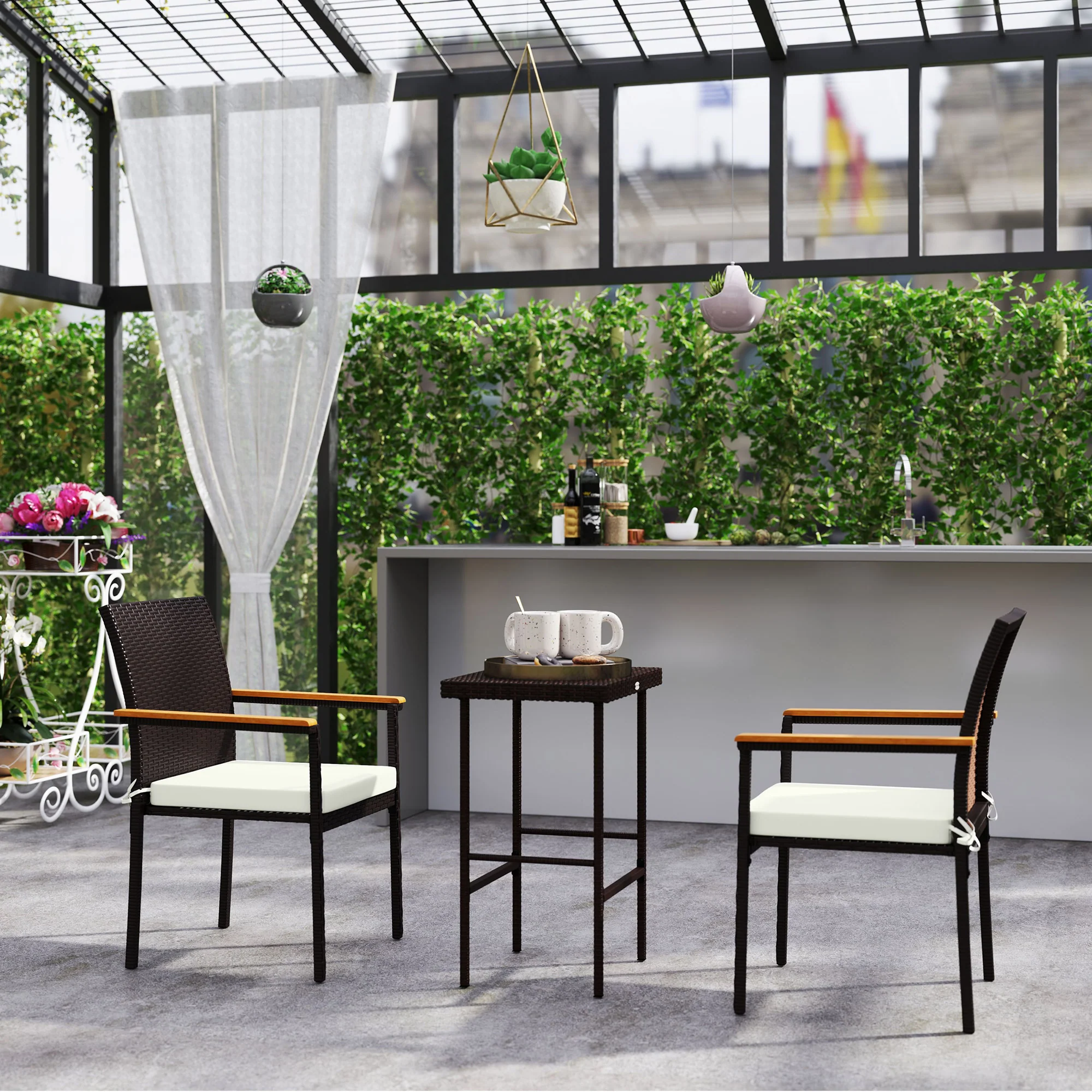 Stackable Wicker Patio Chairs Set of 2 with Removable Cushion & Armrest, Cream White - Image 11