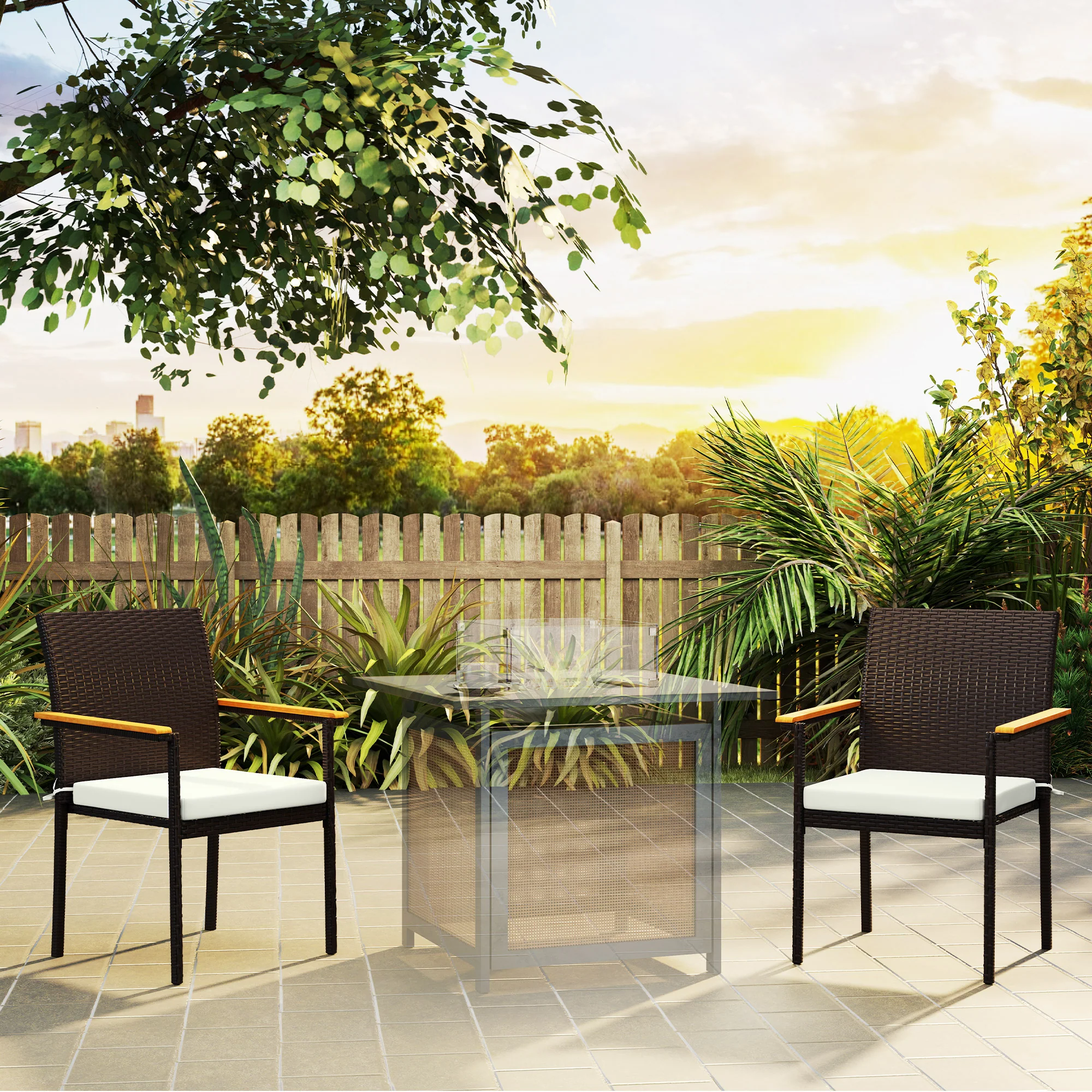 Stackable Wicker Patio Chairs Set of 2 with Removable Cushion & Armrest, Cream White - Image 3