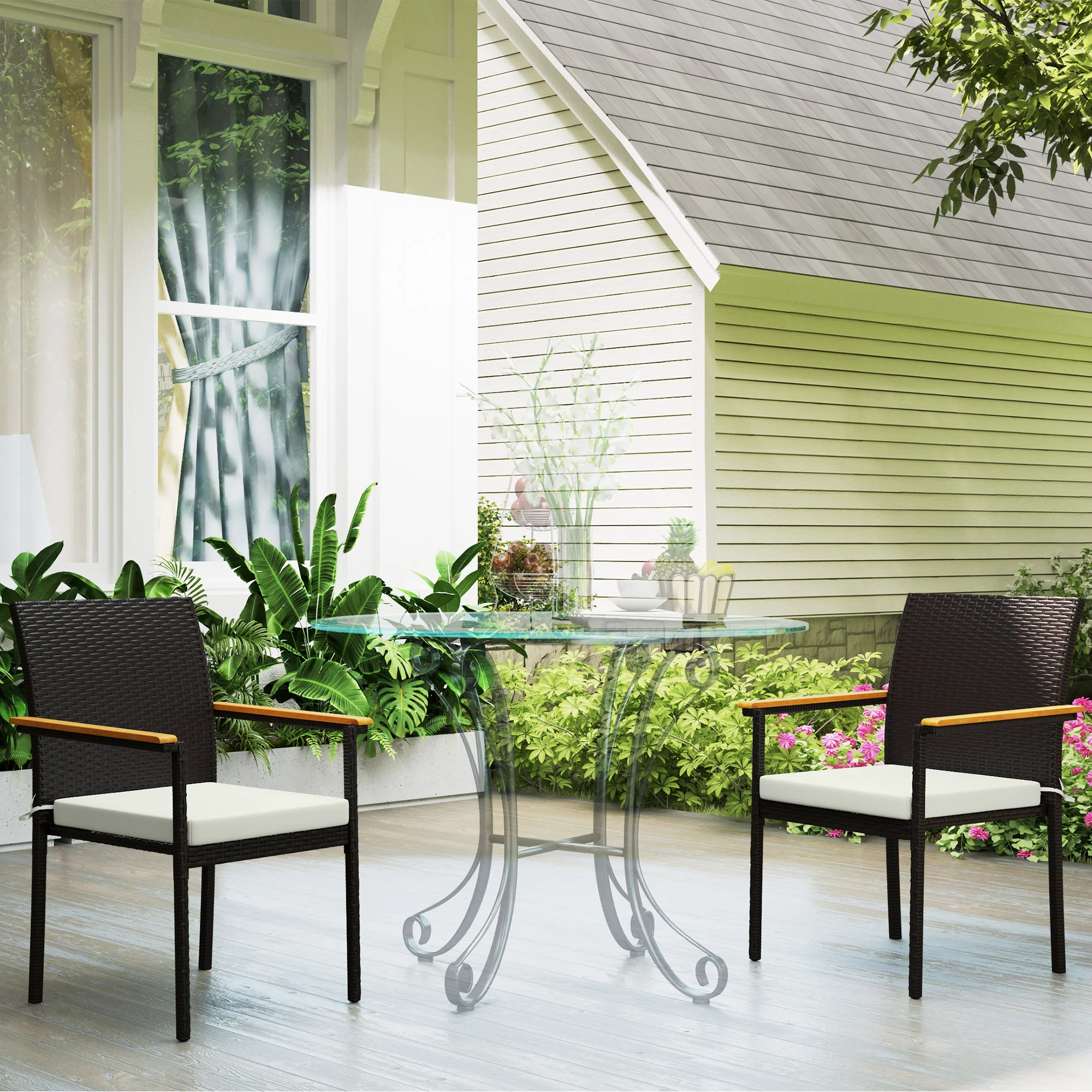Stackable Wicker Patio Chairs Set of 2 with Removable Cushion & Armrest, Cream White - Image 4