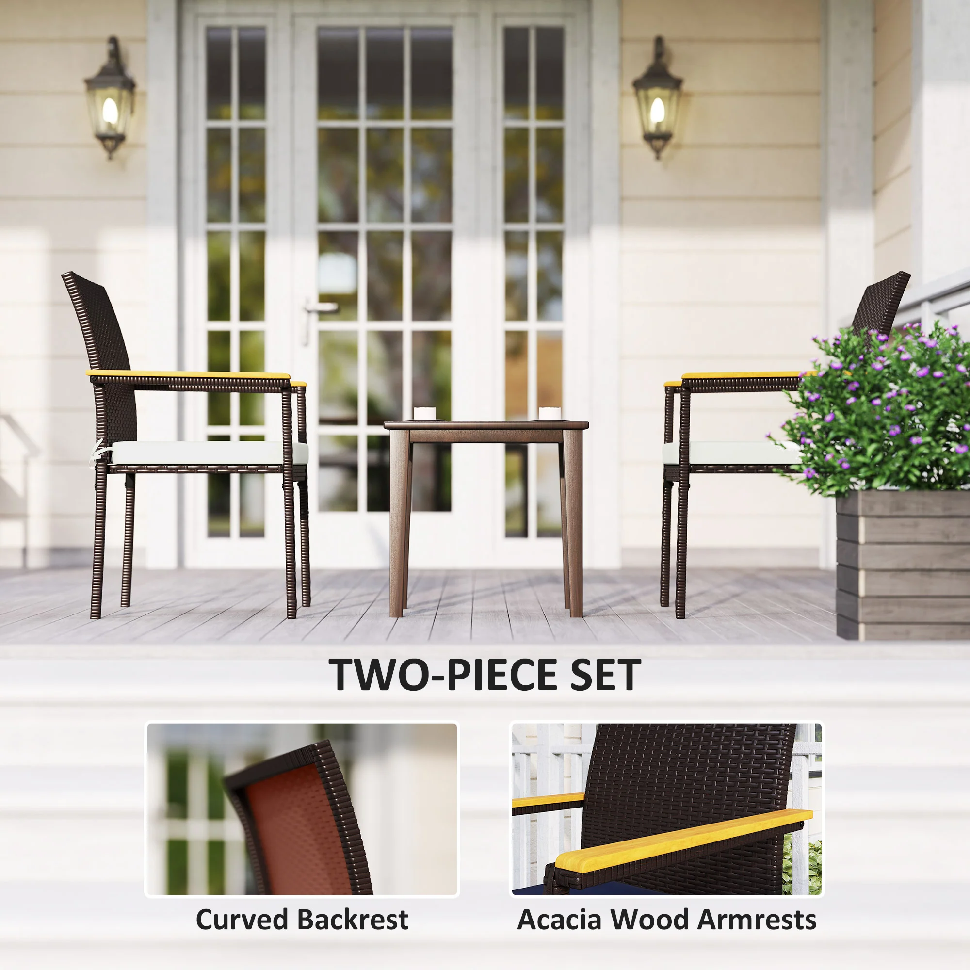 Stackable Wicker Patio Chairs Set of 2 with Removable Cushion & Armrest, Cream White - Image 6