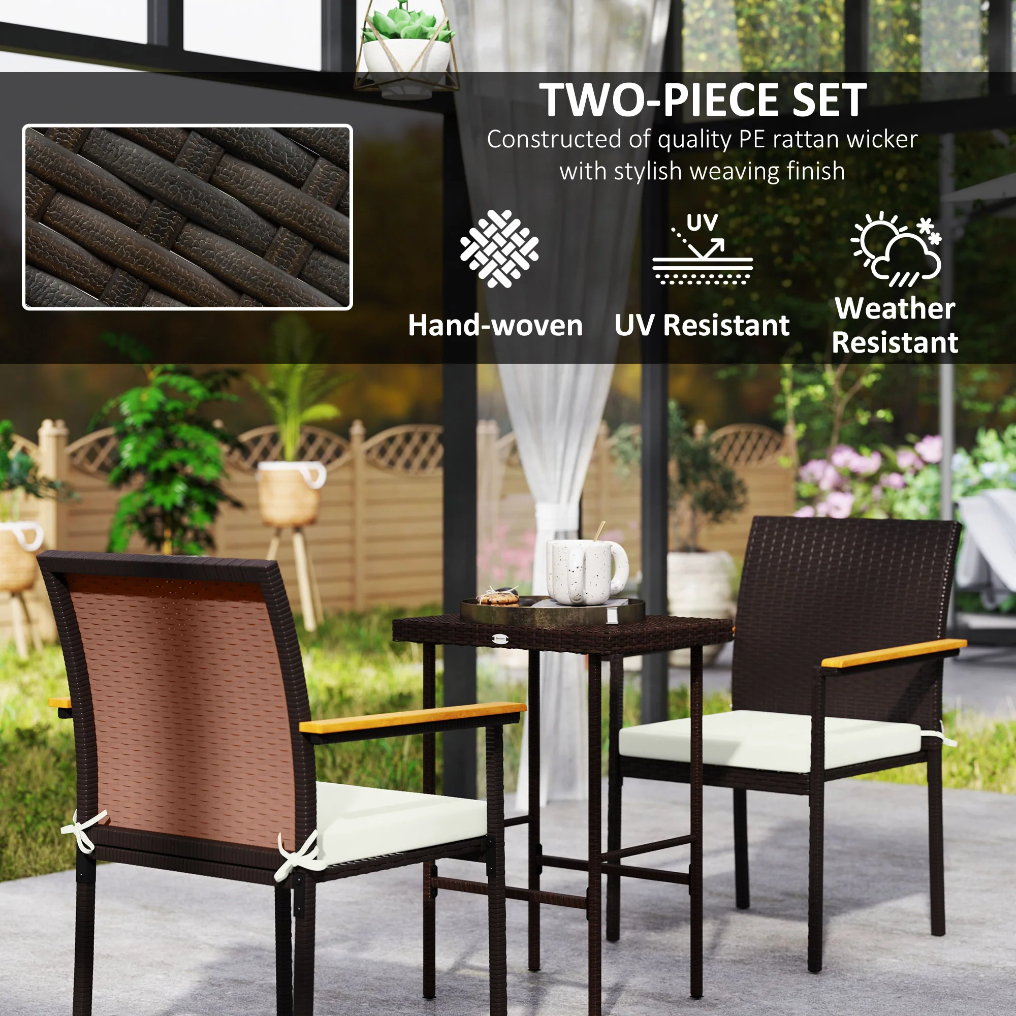 Stackable Wicker Patio Chairs Set of 2 with Removable Cushion & Armrest, Cream White - Image 8