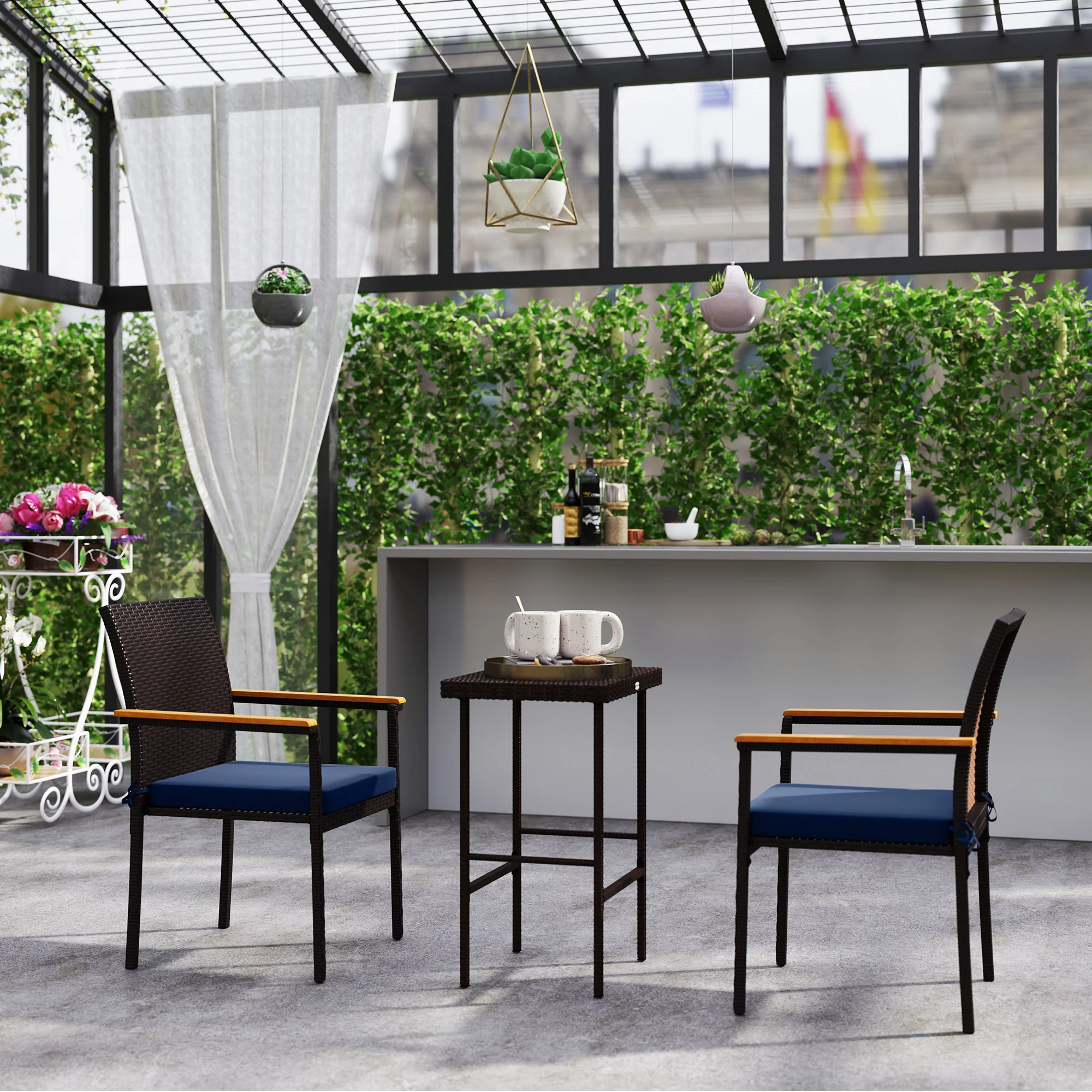 Stackable Wicker Patio Chairs Set of 2 with Removable Cushion & Armrest, Navy Blue - Image 11