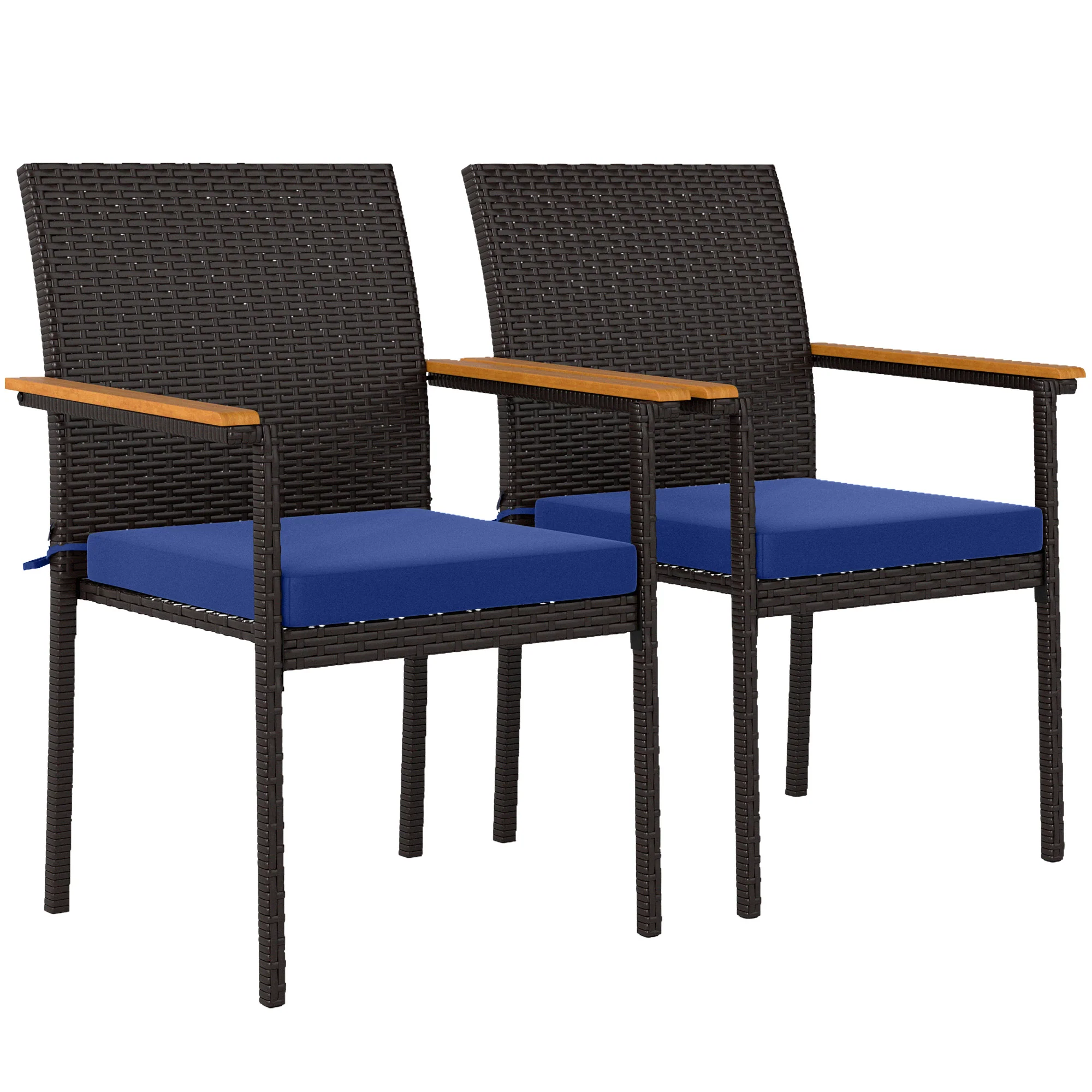 Stackable Wicker Patio Chairs Set of 2 with Removable Cushion & Armrest, Navy Blue - Image 12