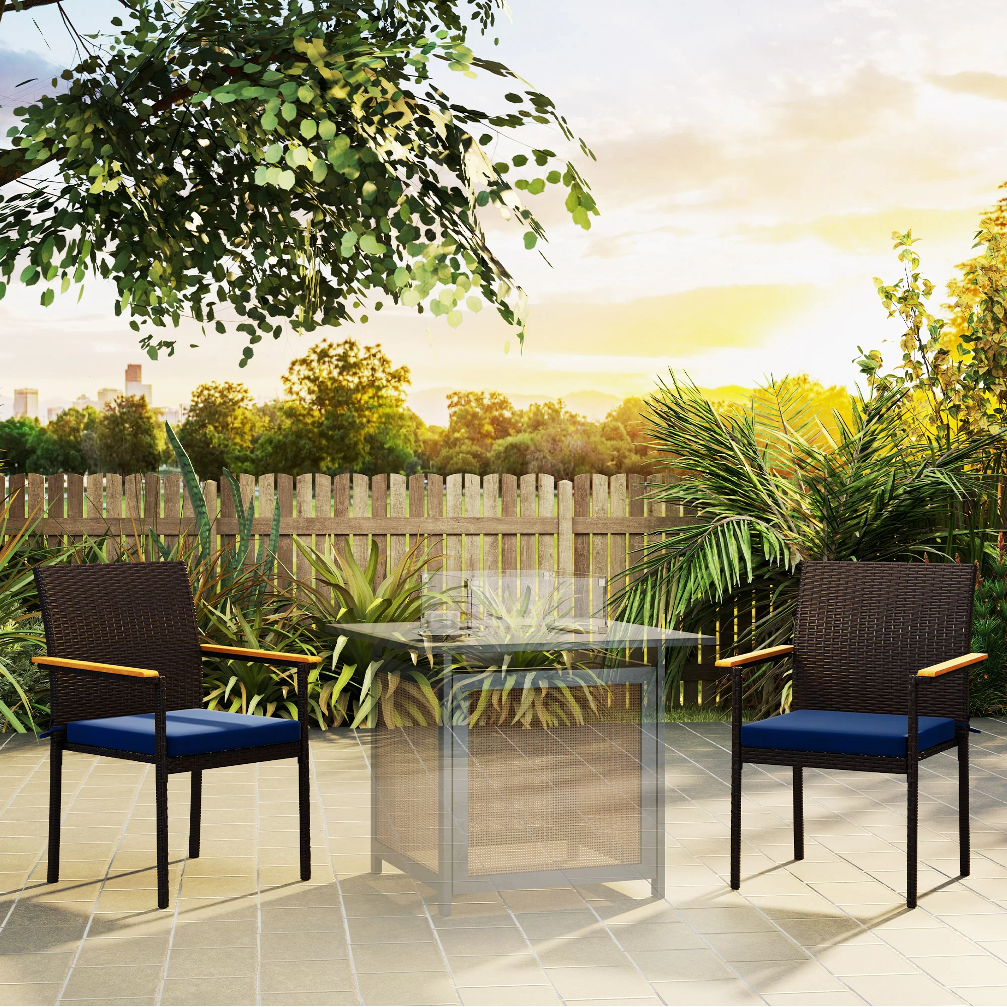 Stackable Wicker Patio Chairs Set of 2 with Removable Cushion & Armrest, Navy Blue - Image 3