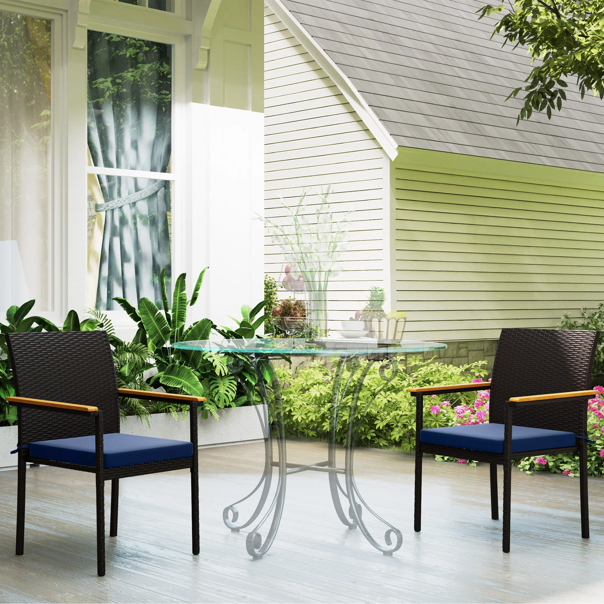 Stackable Wicker Patio Chairs Set of 2 with Removable Cushion & Armrest, Navy Blue - Image 4