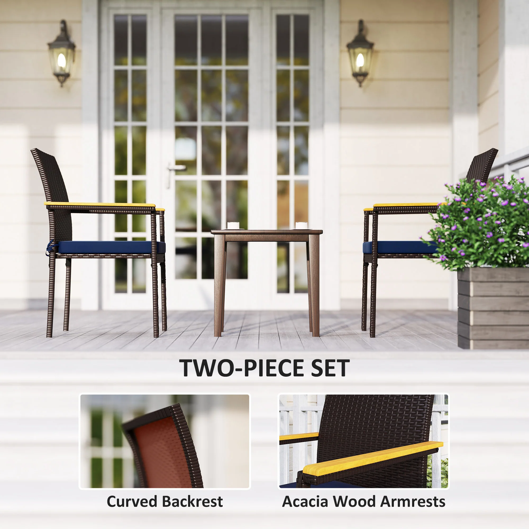 Stackable Wicker Patio Chairs Set of 2 with Removable Cushion & Armrest, Navy Blue - Image 6