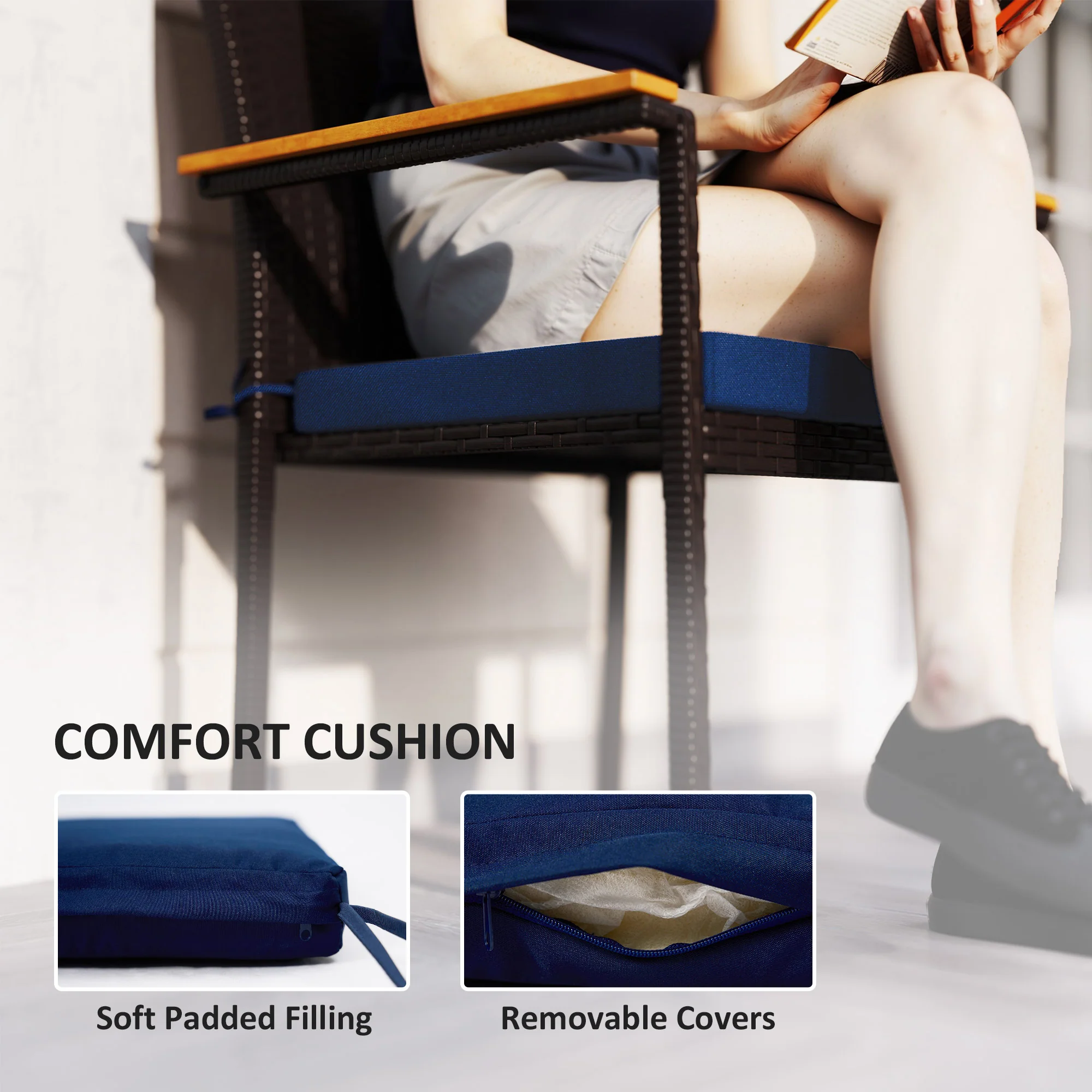 Stackable Wicker Patio Chairs Set of 2 with Removable Cushion & Armrest, Navy Blue - Image 7