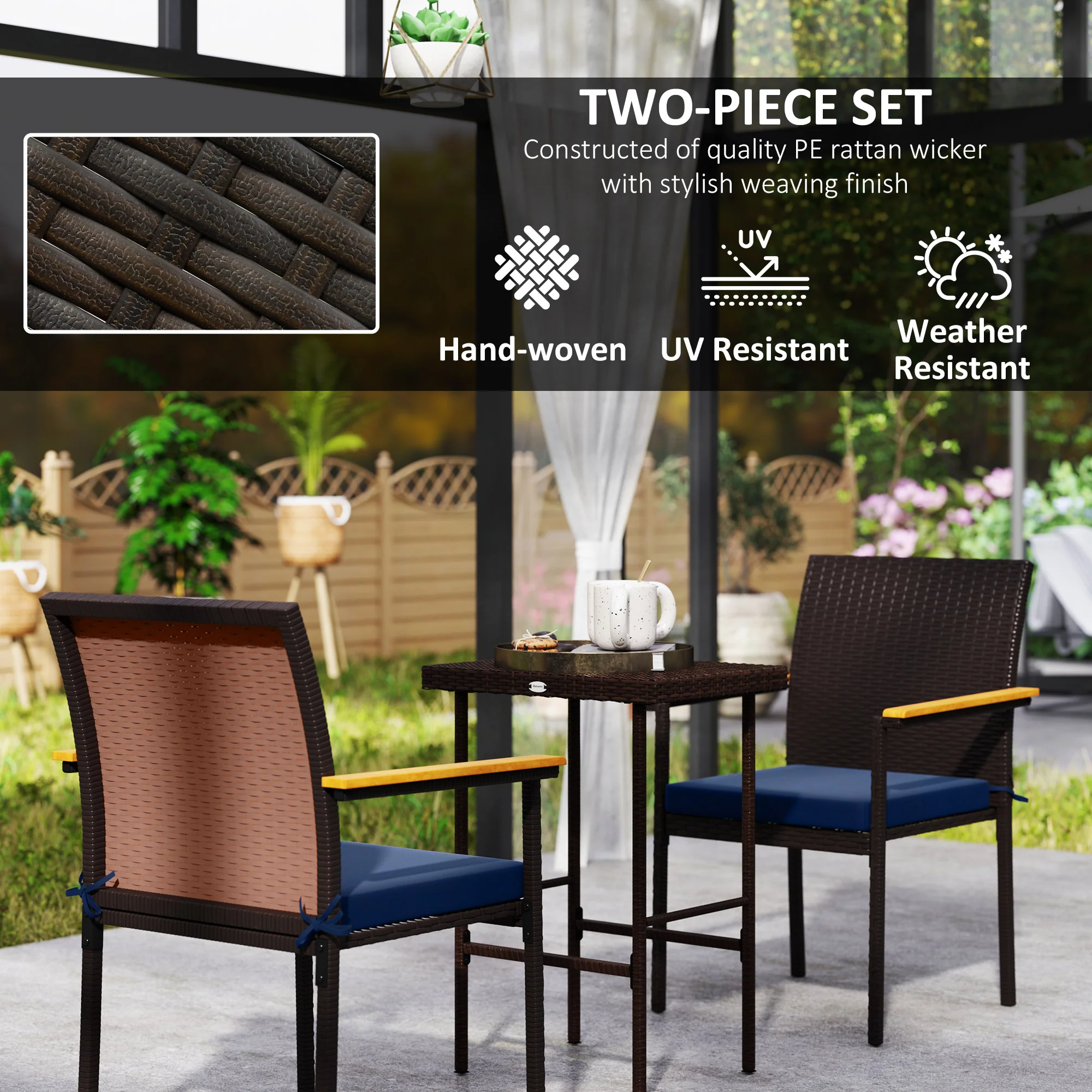 Stackable Wicker Patio Chairs Set of 2 with Removable Cushion & Armrest, Navy Blue - Image 8