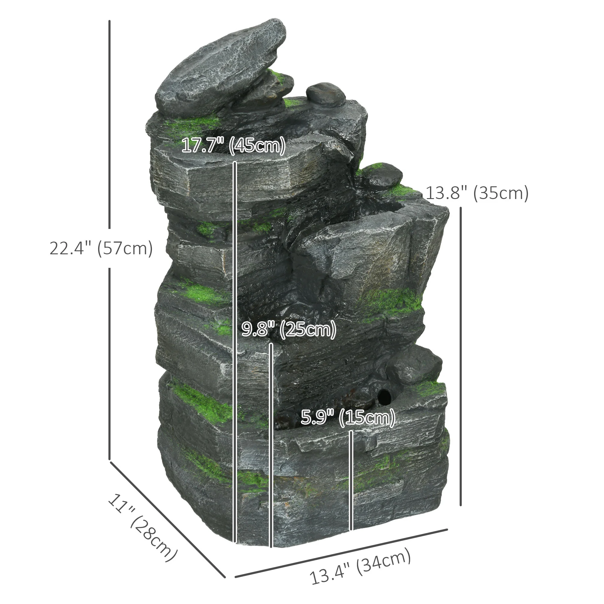 22.4" Stacked Stone Rock Cascading Water Fountain, 4-Tier Waterfall Fountain with LED Lights - Image 5