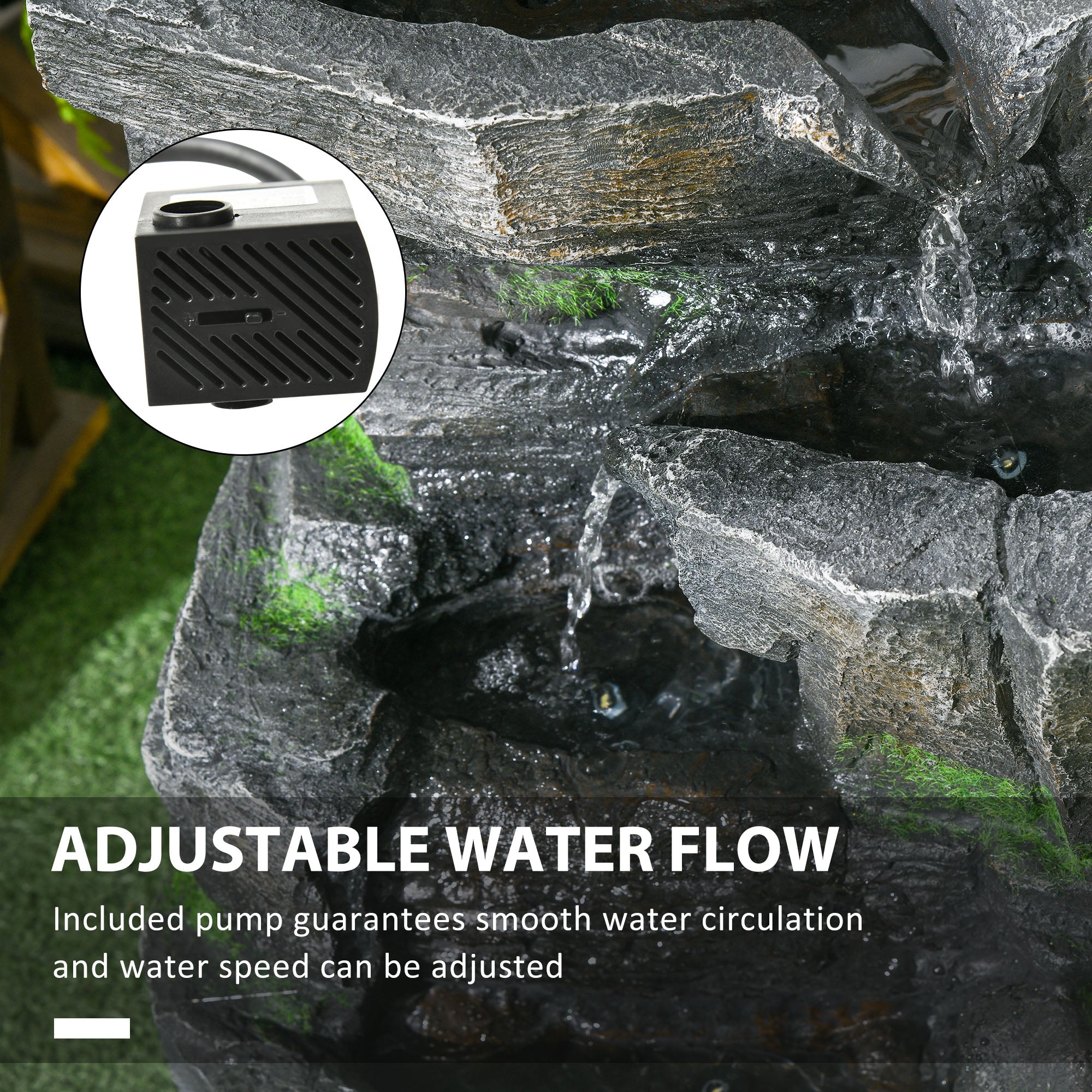 22.4" Stacked Stone Rock Cascading Water Fountain, 4-Tier Waterfall Fountain with LED Lights - Image 7