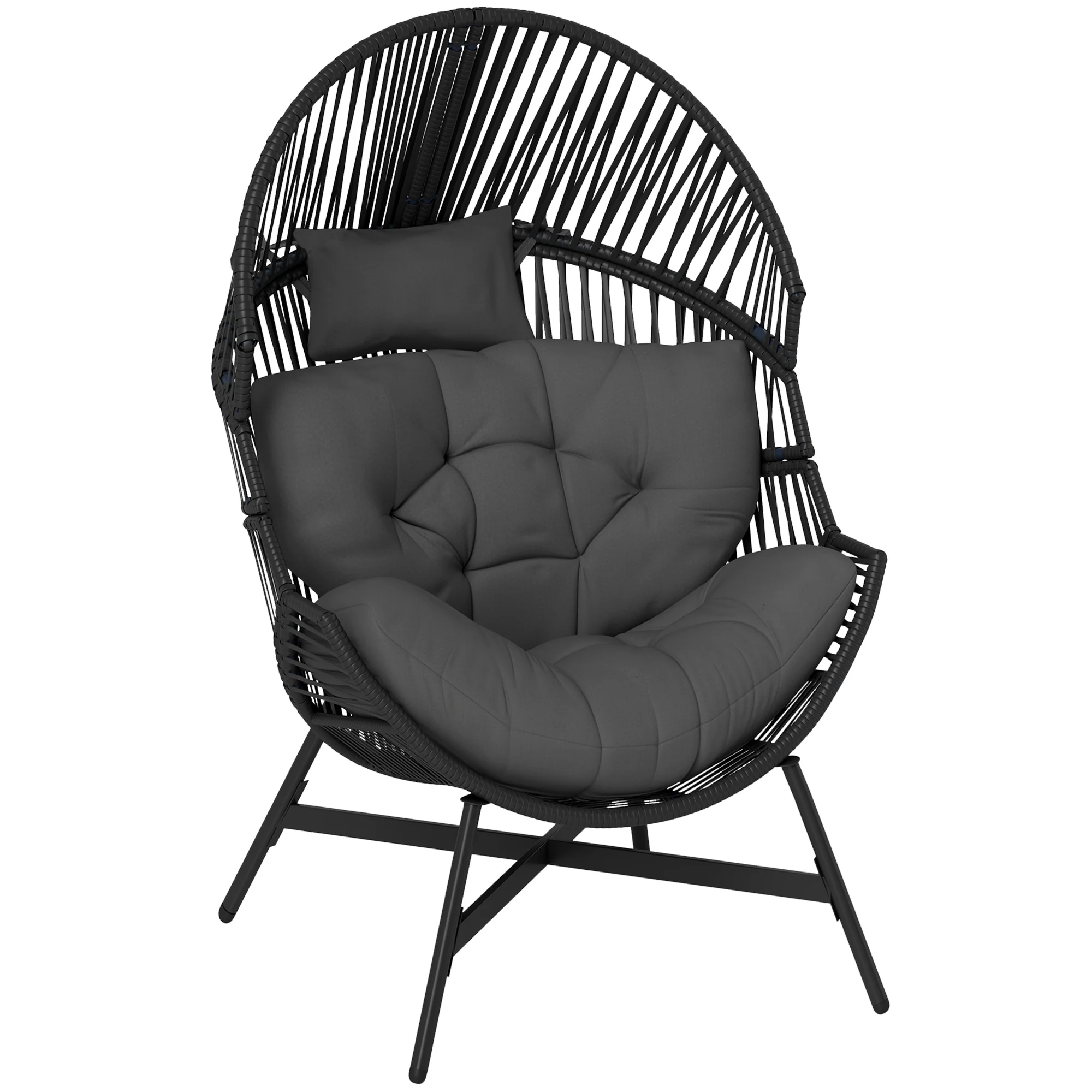 Oversized Rattan Egg Chair w/ Thick Tufted Cushion, Headrest & Steel Frame, Charcoal Grey