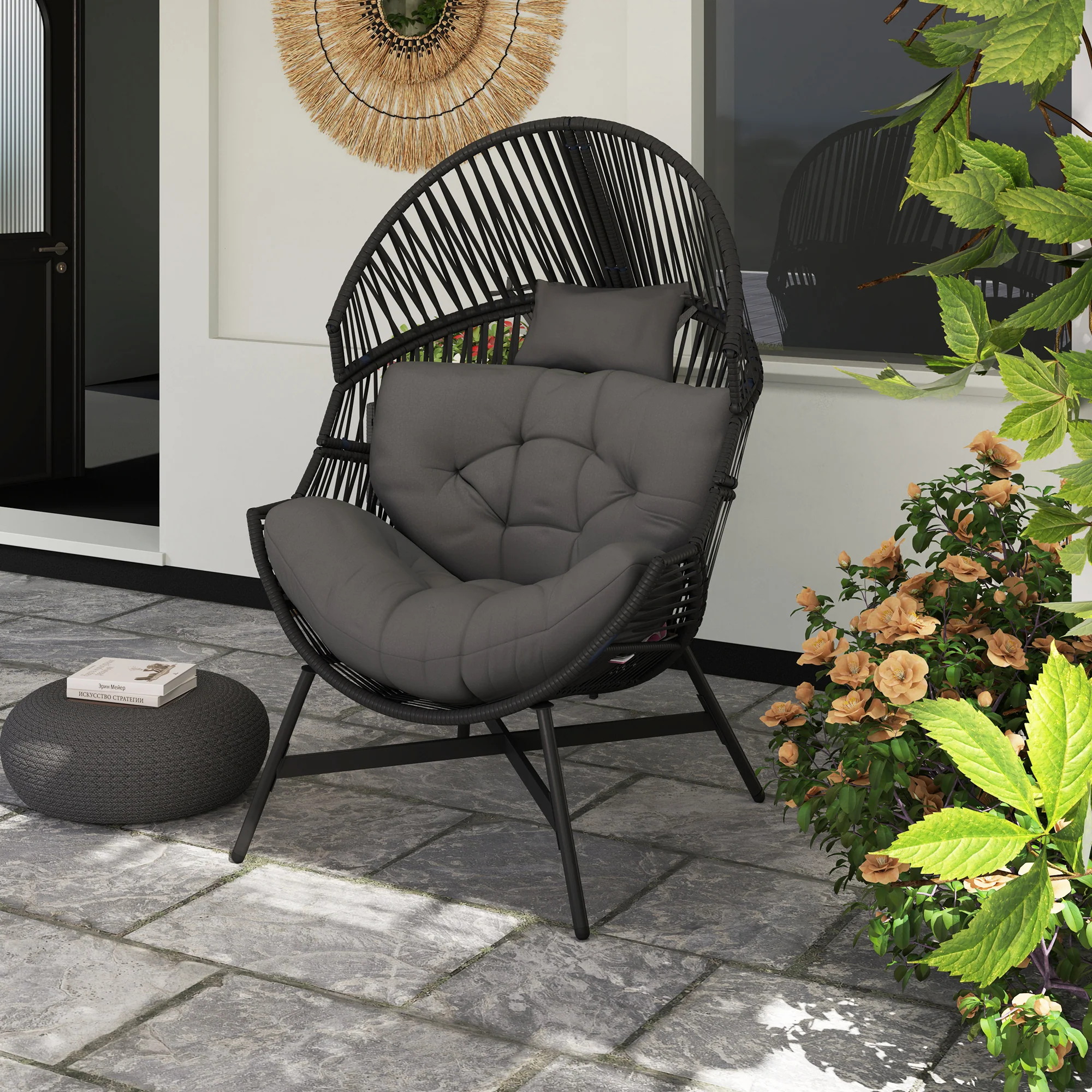Oversized Rattan Egg Chair w/ Thick Tufted Cushion, Headrest & Steel Frame, Charcoal Grey - Image 10