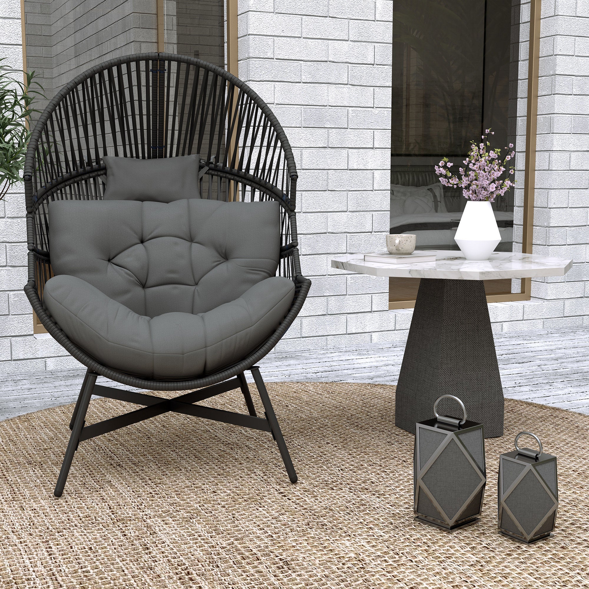 Oversized Rattan Egg Chair w/ Thick Tufted Cushion, Headrest & Steel Frame, Charcoal Grey - Image 11