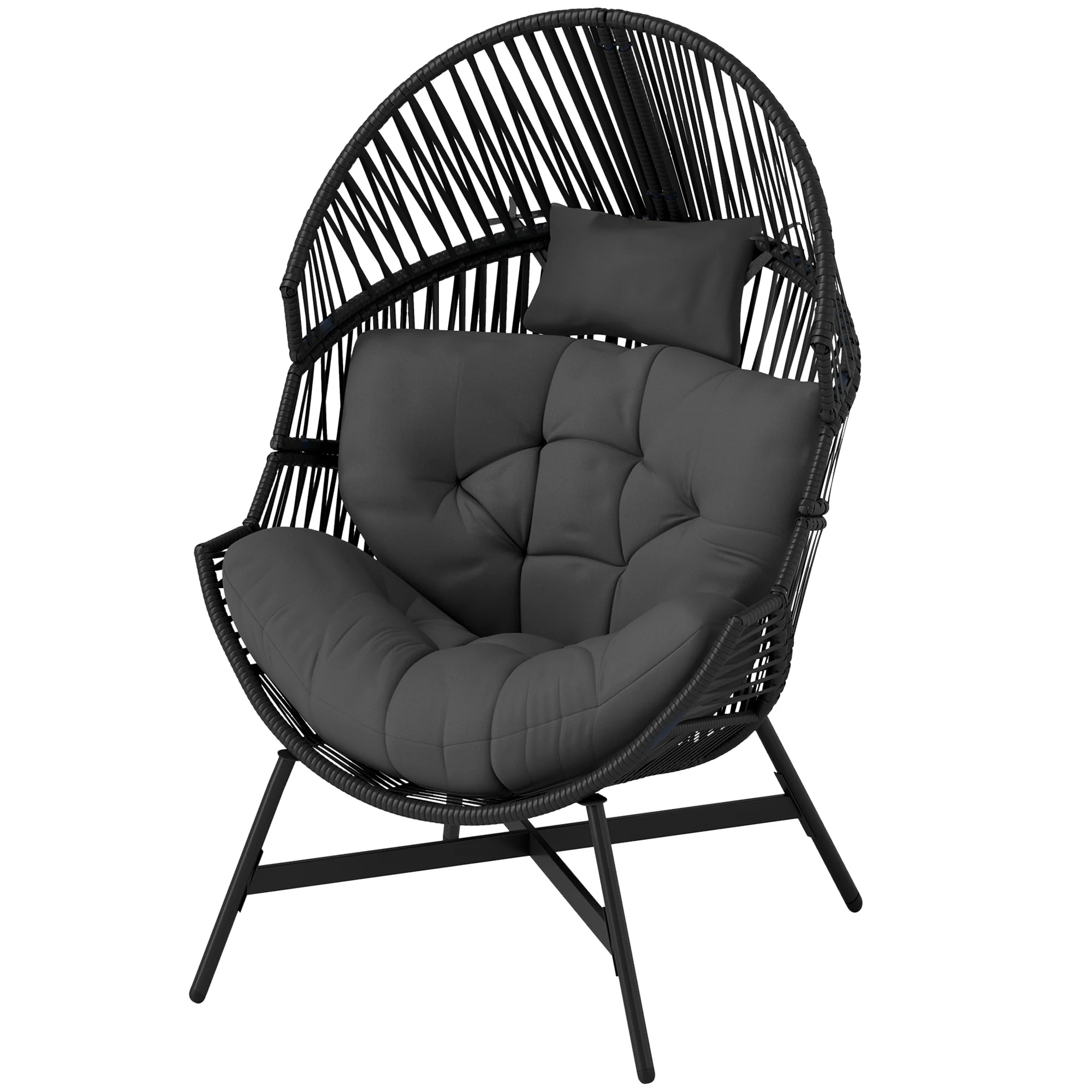 Oversized Rattan Egg Chair w/ Thick Tufted Cushion, Headrest & Steel Frame, Charcoal Grey - Image 2