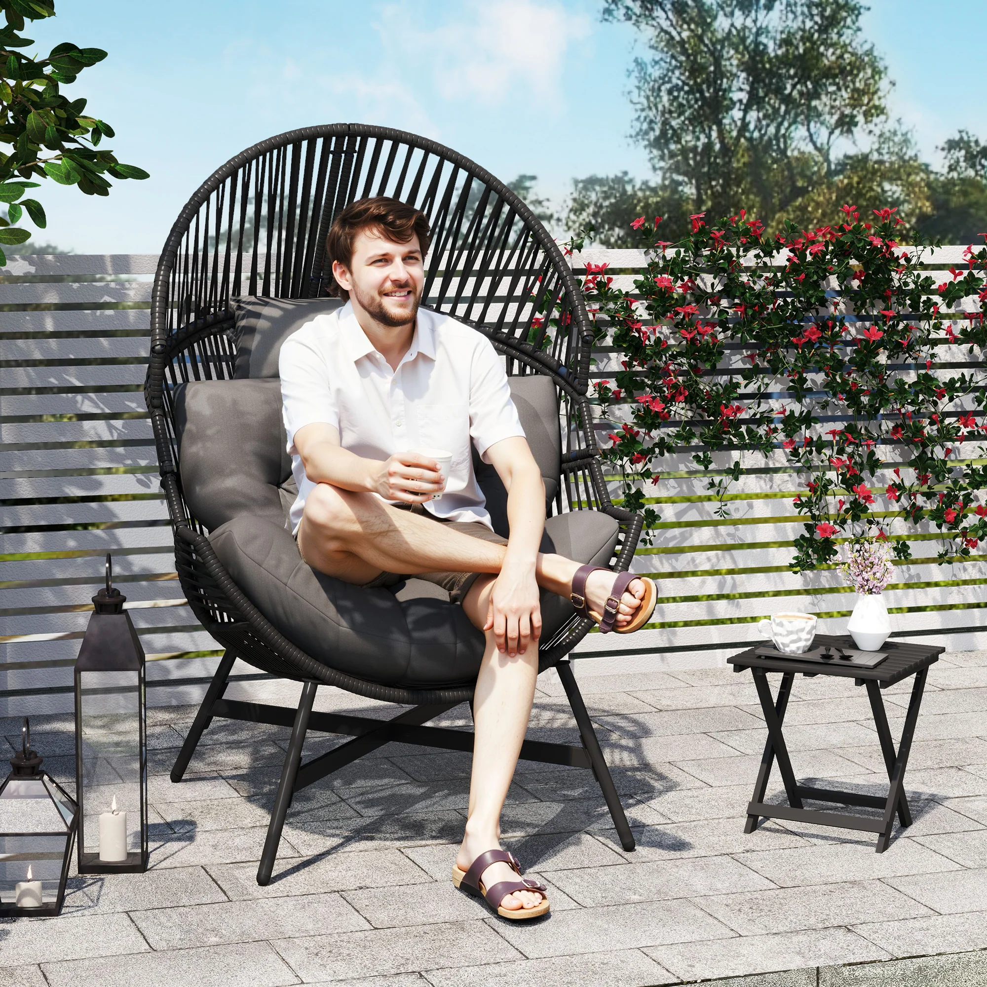Oversized Rattan Egg Chair w/ Thick Tufted Cushion, Headrest & Steel Frame, Charcoal Grey - Image 3