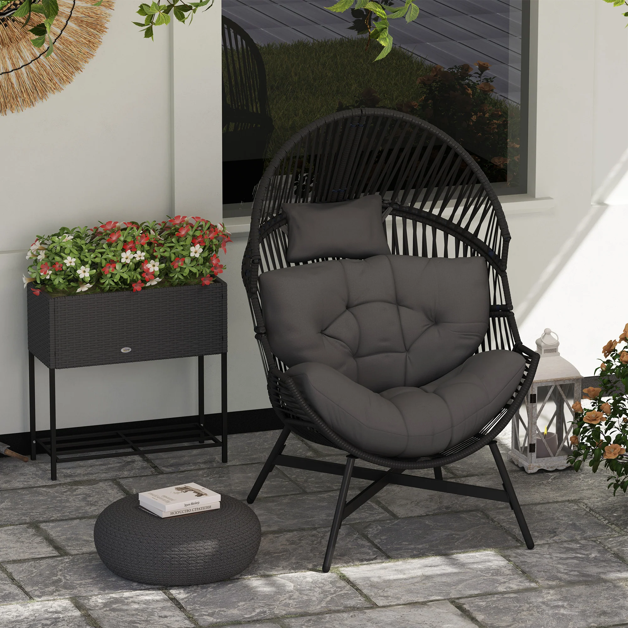 Oversized Rattan Egg Chair w/ Thick Tufted Cushion, Headrest & Steel Frame, Charcoal Grey - Image 4
