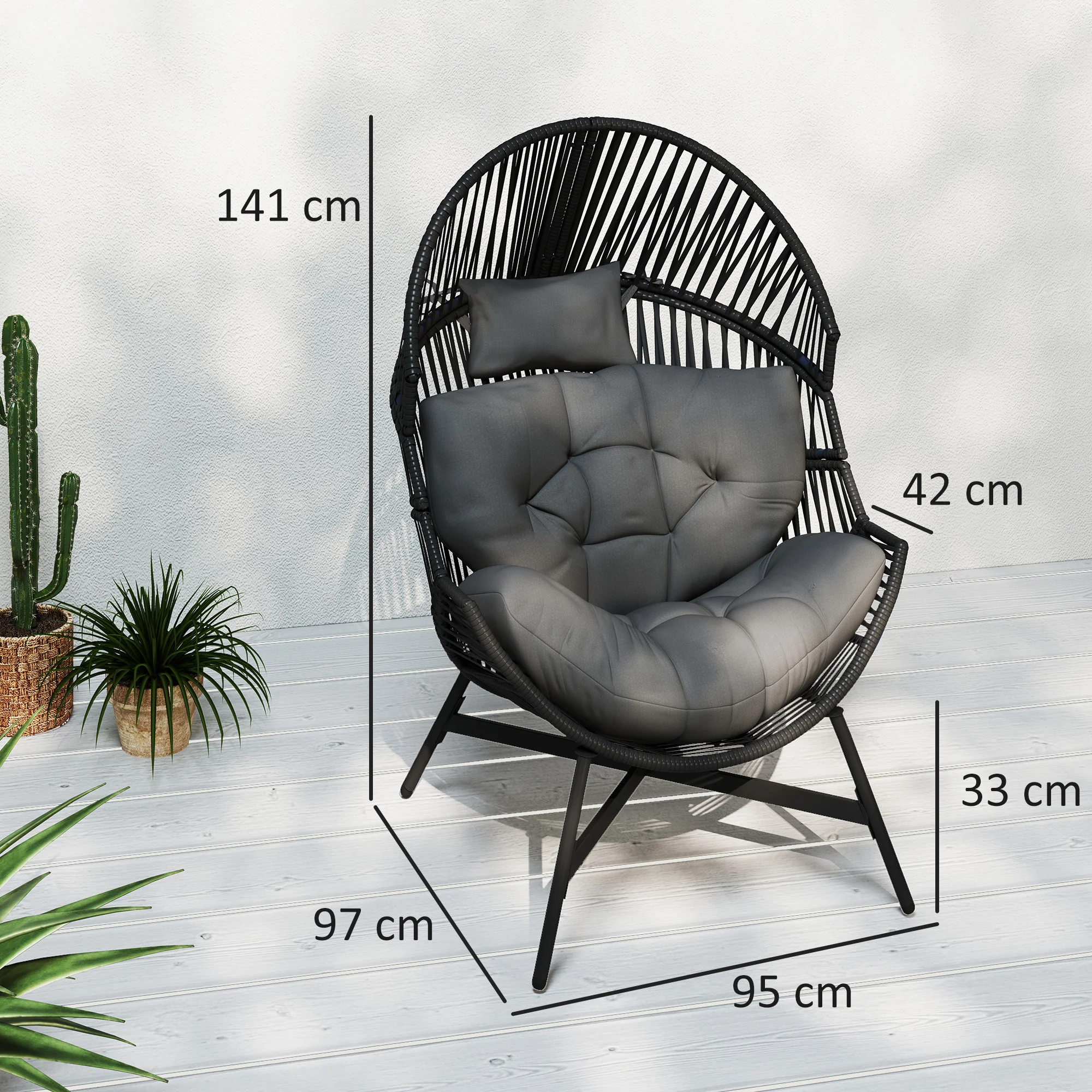 Oversized Rattan Egg Chair w/ Thick Tufted Cushion, Headrest & Steel Frame, Charcoal Grey - Image 5