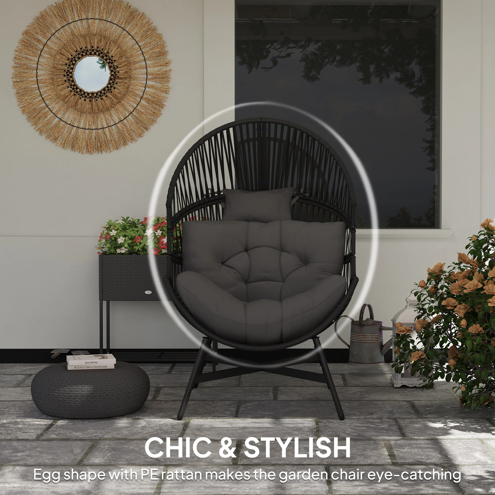 Oversized Rattan Egg Chair w/ Thick Tufted Cushion, Headrest & Steel Frame, Charcoal Grey - Image 6