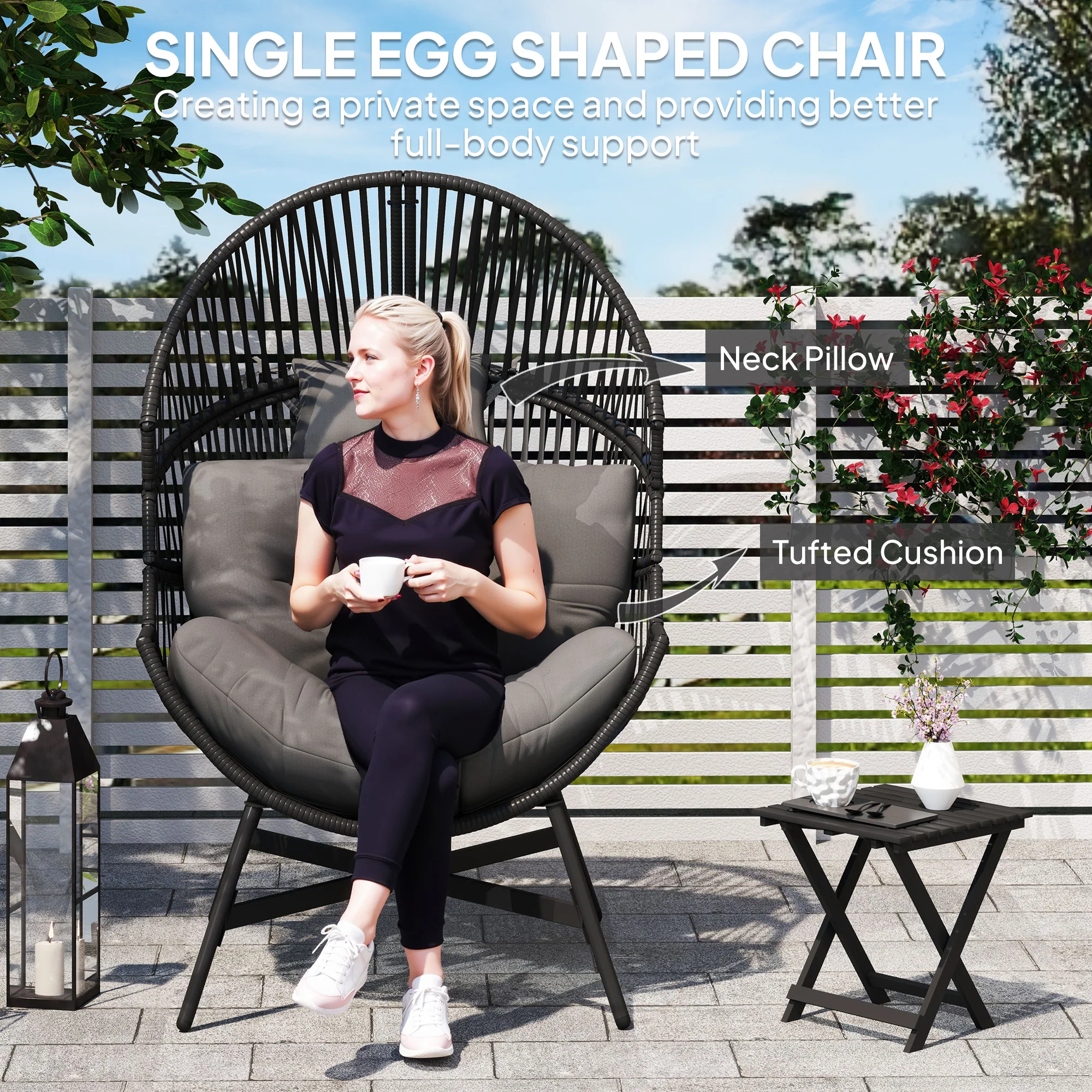 Oversized Rattan Egg Chair w/ Thick Tufted Cushion, Headrest & Steel Frame, Charcoal Grey - Image 7