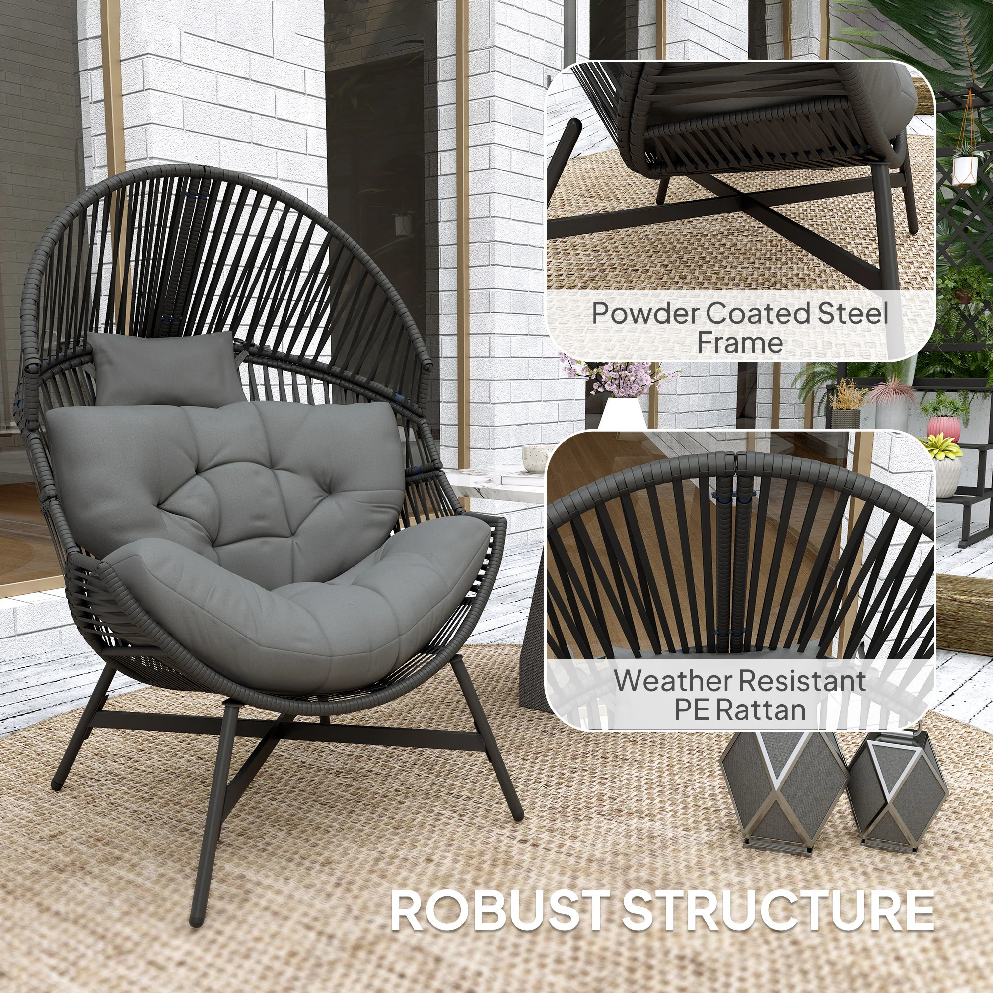 Oversized Rattan Egg Chair w/ Thick Tufted Cushion, Headrest & Steel Frame, Charcoal Grey - Image 8