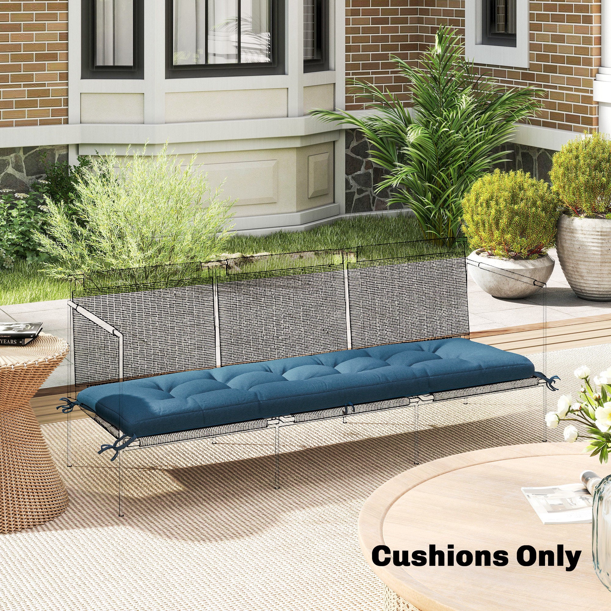 Memory Foam Sun Lounger Cushion with Ties, 190 x 60 cm, Blue - Image 3