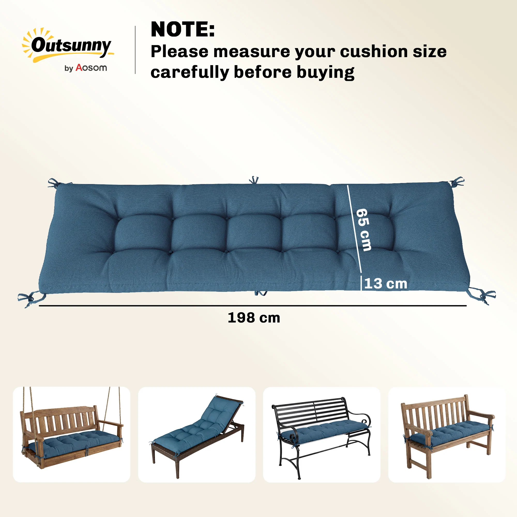 Memory Foam Sun Lounger Cushion with Ties, 190 x 60 cm, Blue - Image 5