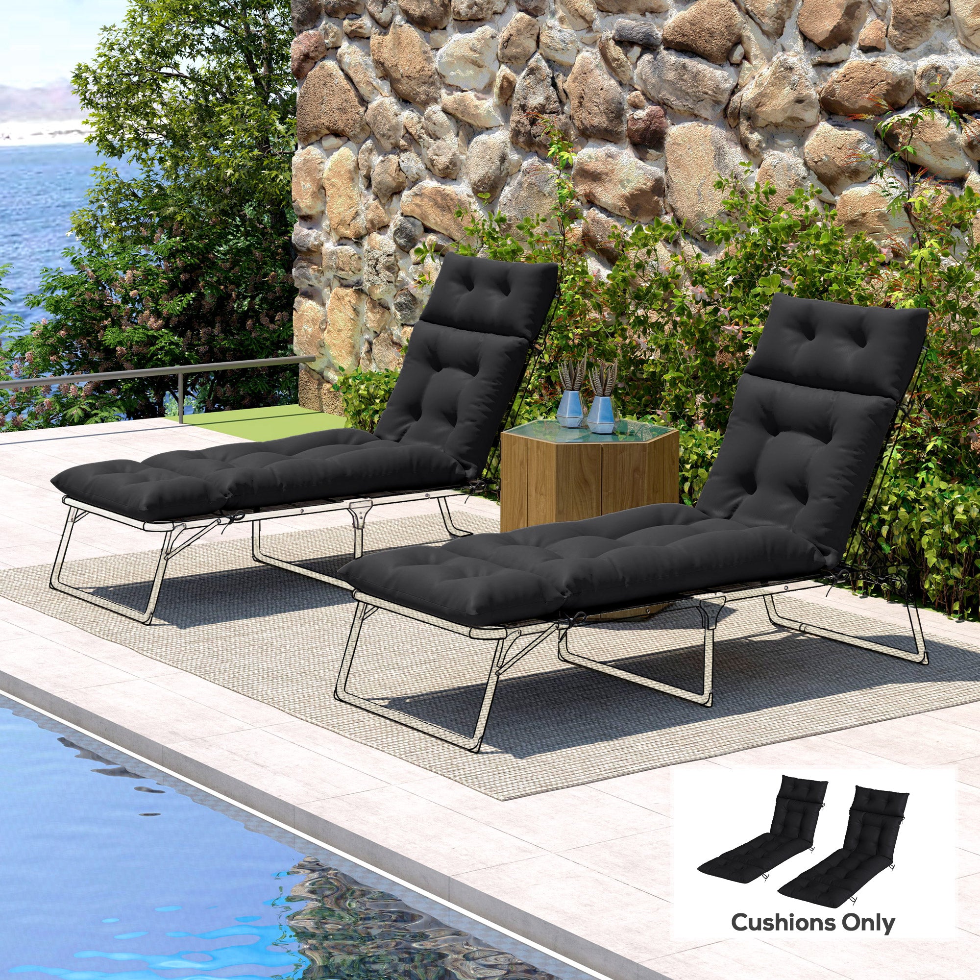 190x56x10cm Sun Lounger Cushions Set of 2 for Loungers, 220gsm UPF20+ Black - Image 10