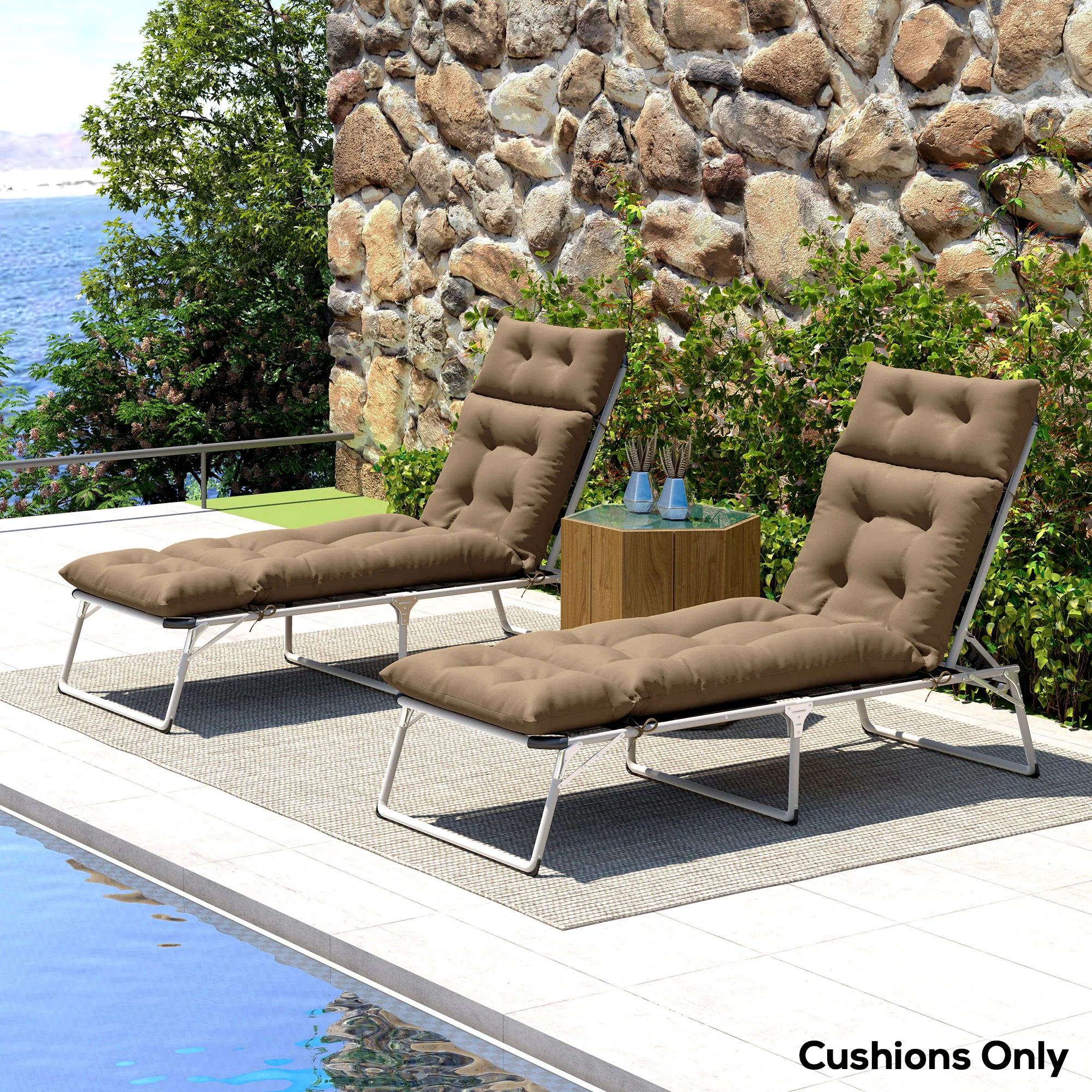 Lounge Chair Cushions Set of 2, Thick Sunbed Replacement Pads, 190 x 56 x 10cm, Khaki - Image 3