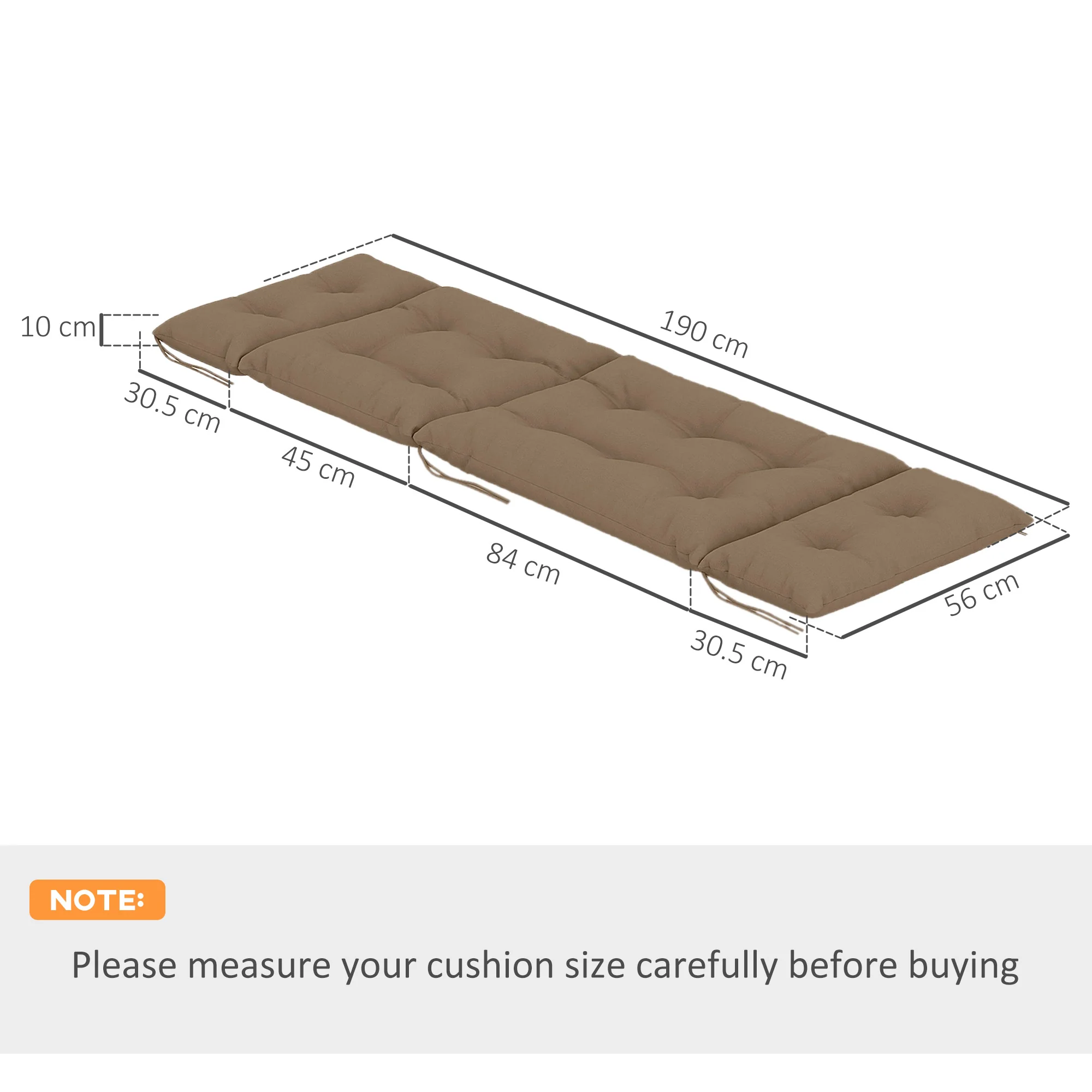 Lounge Chair Cushions Set of 2, Thick Sunbed Replacement Pads, 190 x 56 x 10cm, Khaki - Image 5