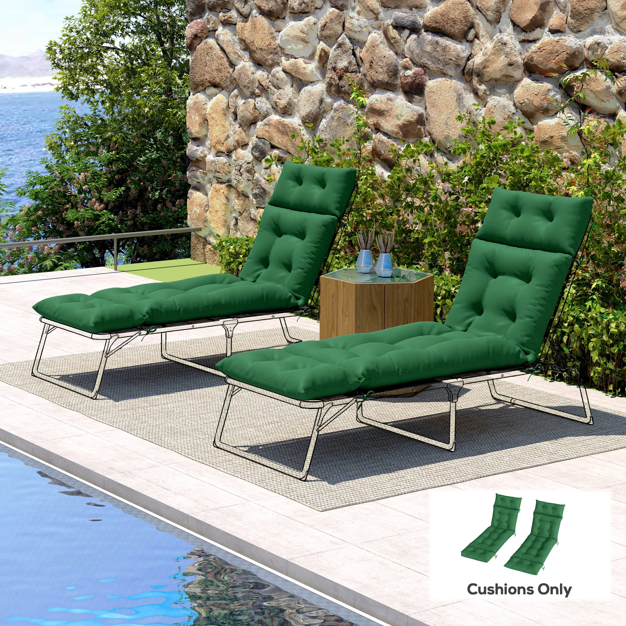 190 x 56 x 10cm Sun Lounger Cushions Set of 2, 220gsm UPF20+ Fabric with 6 Ties, Green - Image 10