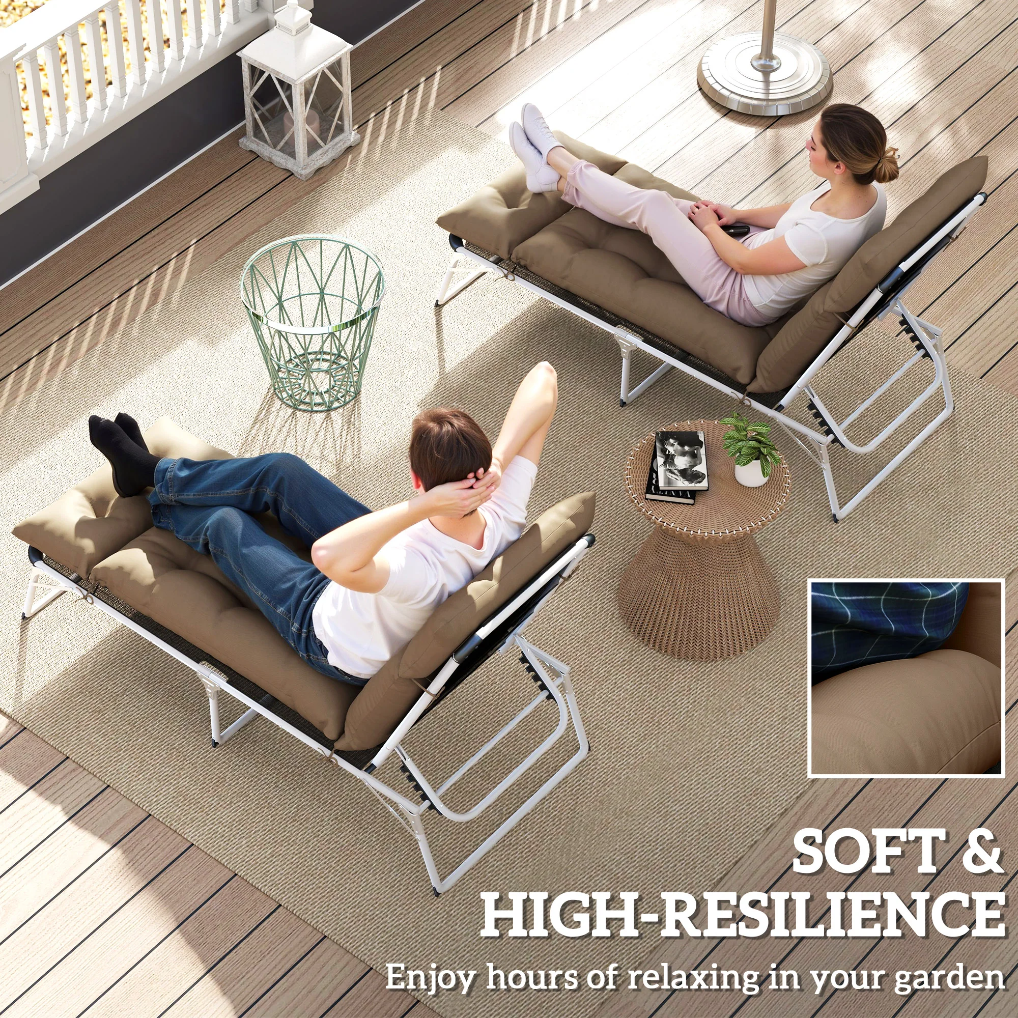 Lounge Chair Cushions Set of 2, Thick Sunbed Replacement Pads, 190 x 56 x 10cm, Khaki - Image 7