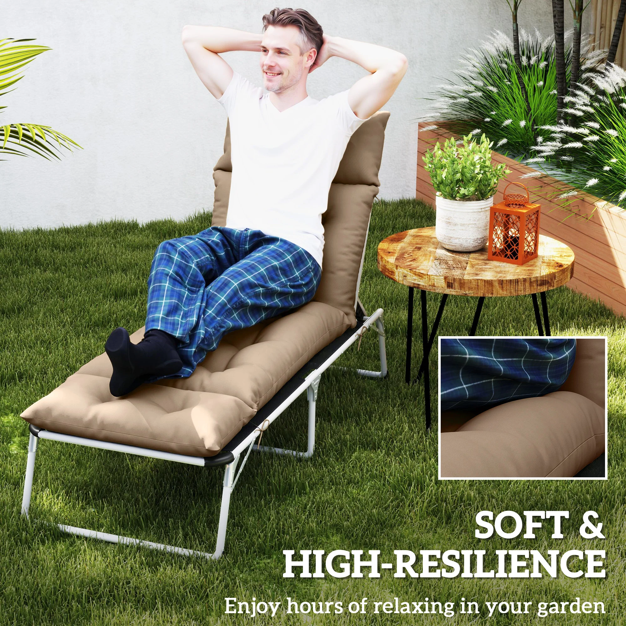 Single Lounge Chair Cushion, Thick Sunbed Replacement Pads, 190 x 56 x 10cm, Khaki - Image 7