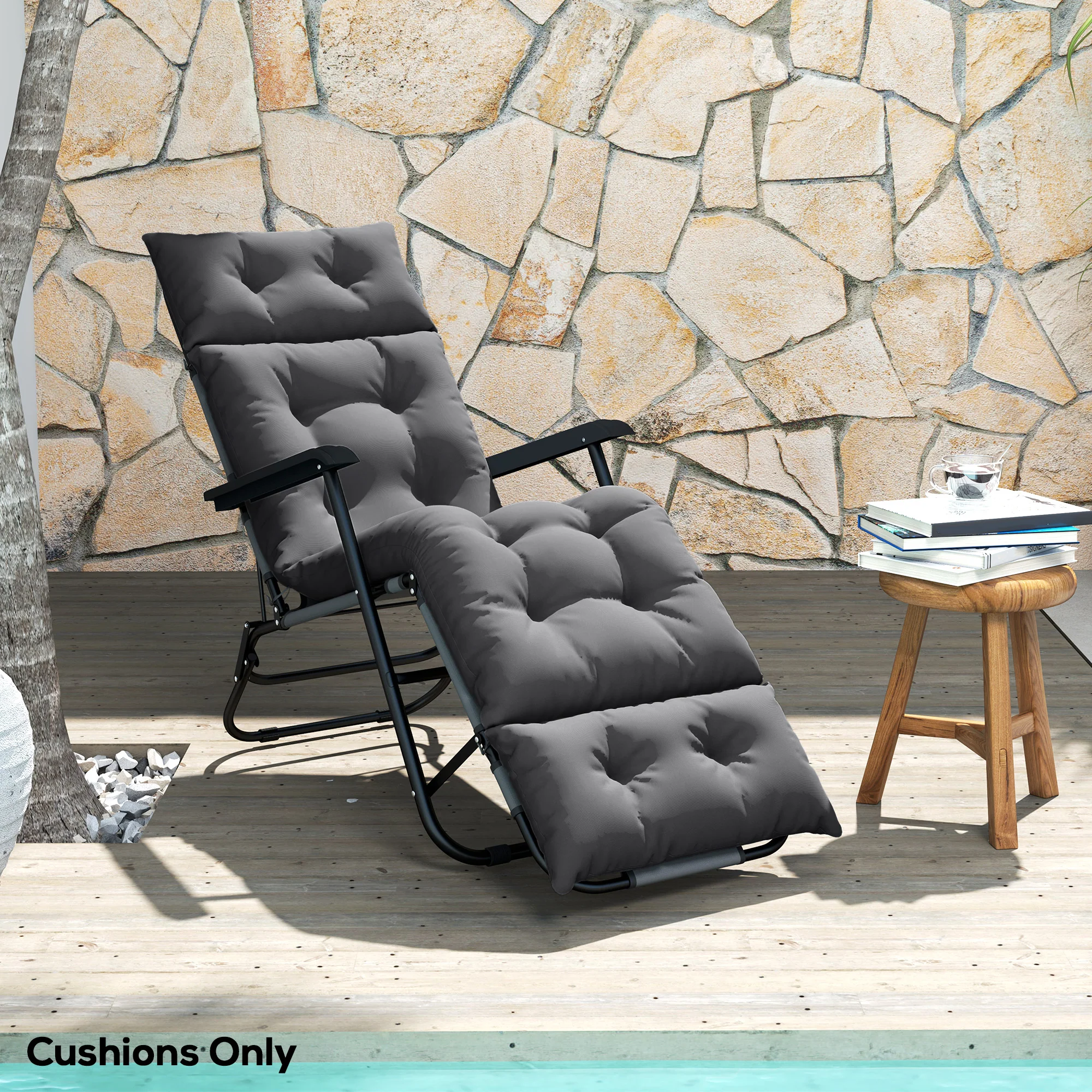 Single Lounge Chair Cushion, Thick Sunbed Replacement Pads, 190 x 56 x 10cm, Dark Grey - Image 3