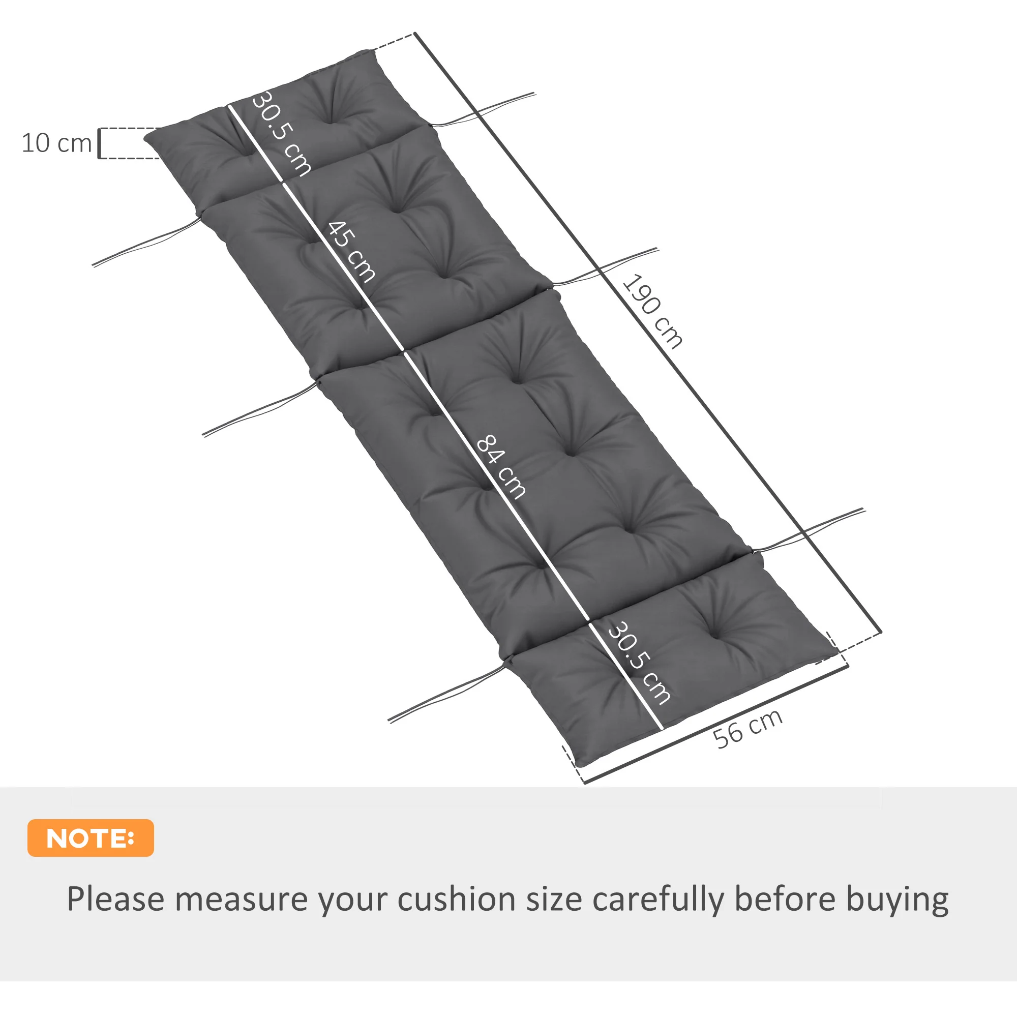 Single Lounge Chair Cushion, Thick Sunbed Replacement Pads, 190 x 56 x 10cm, Dark Grey - Image 5