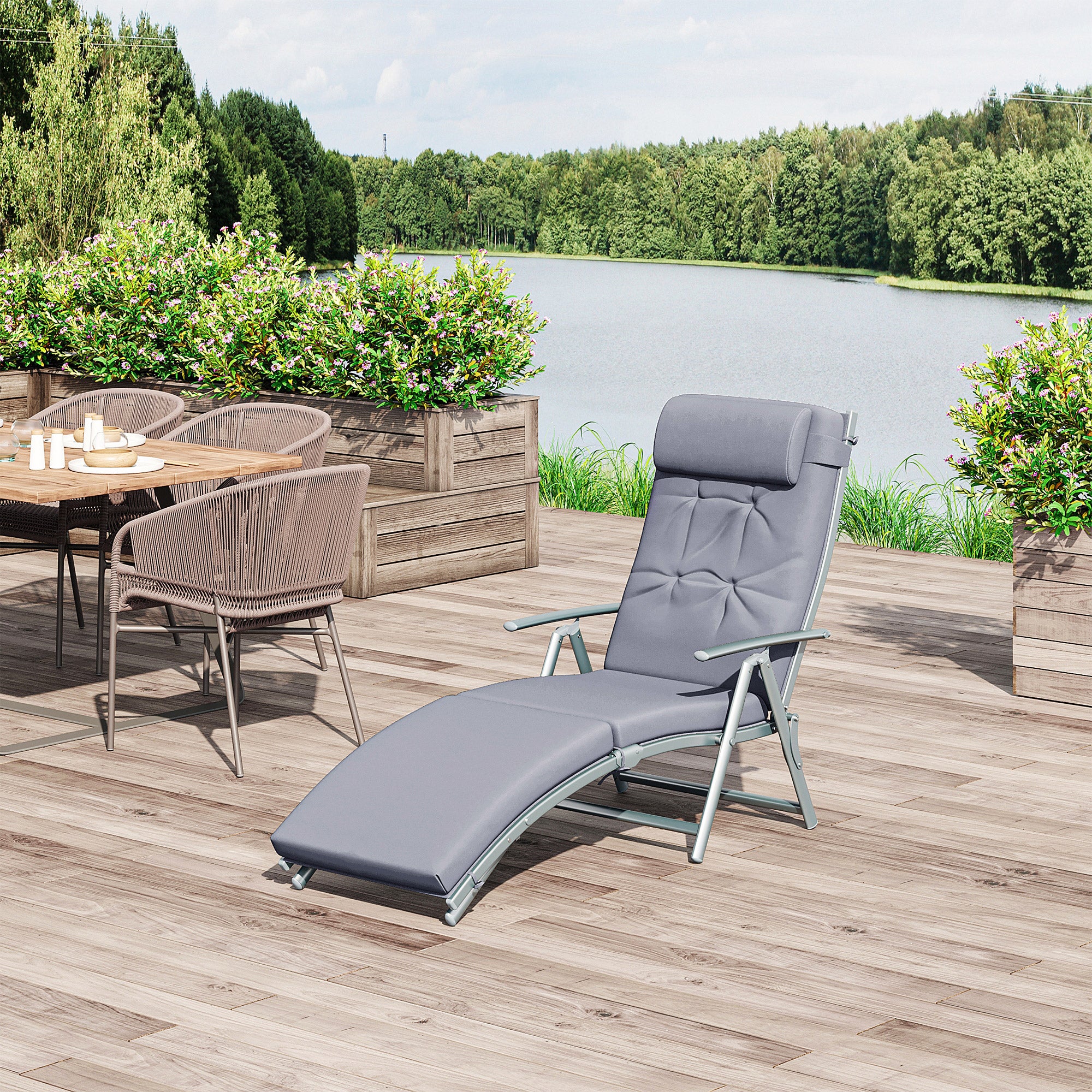 Steel Frame Folding Sun Lounger with Headrest & 7-Level Adjustable Backrest, Grey - Image 3