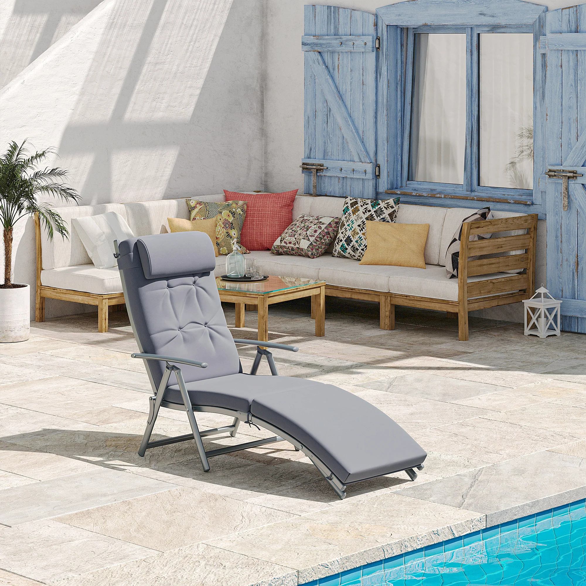 Steel Frame Folding Sun Lounger with Headrest & 7-Level Adjustable Backrest, Grey - Image 4
