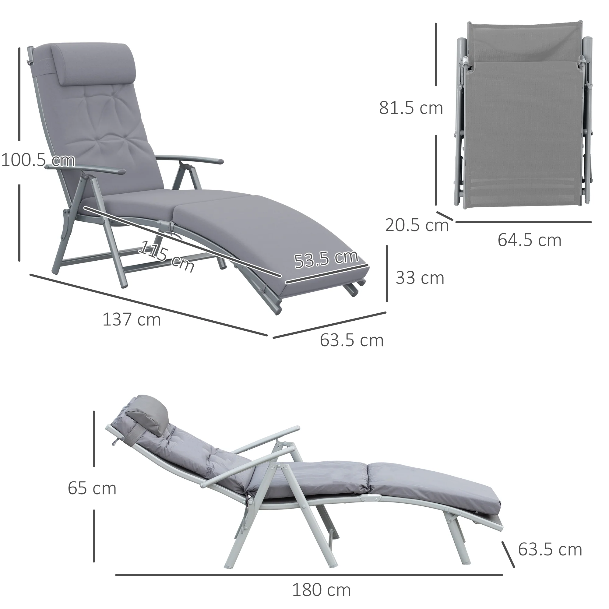 Steel Frame Folding Sun Lounger with Headrest & 7-Level Adjustable Backrest, Grey - Image 5