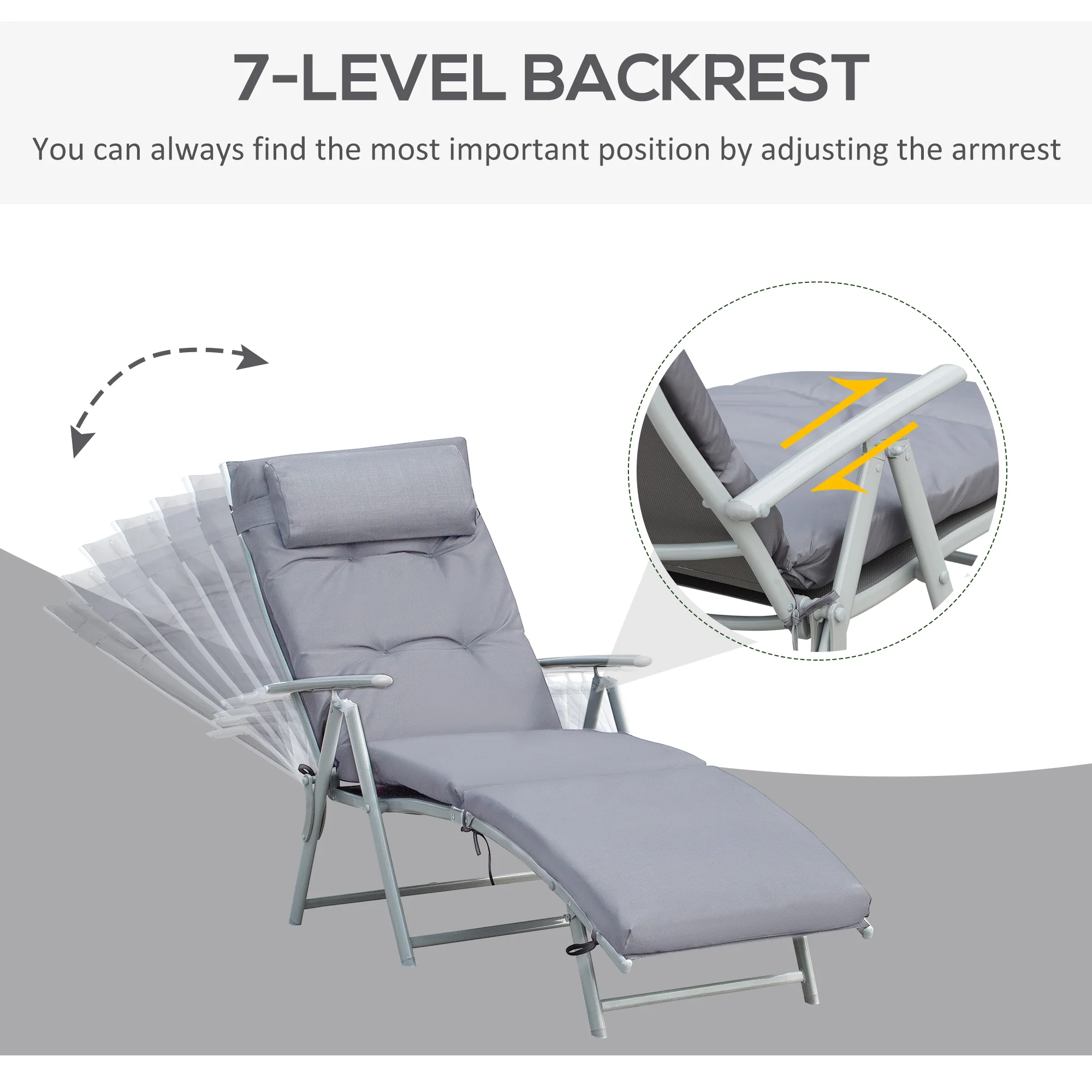 Steel Frame Folding Sun Lounger with Headrest & 7-Level Adjustable Backrest, Grey - Image 6