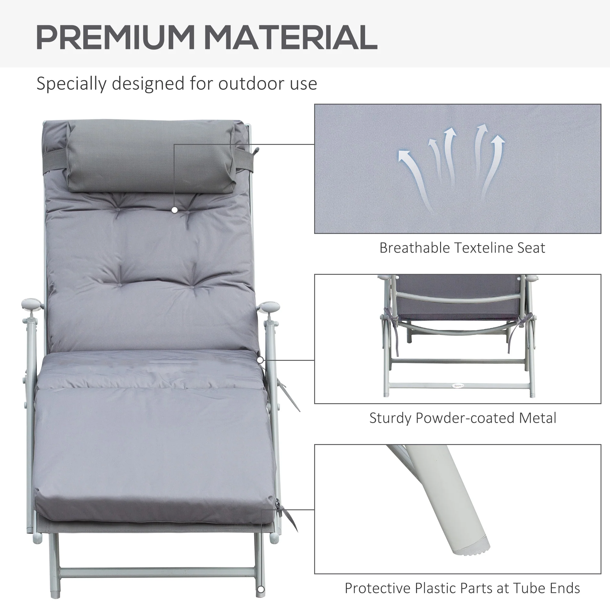 Steel Frame Folding Sun Lounger with Headrest & 7-Level Adjustable Backrest, Grey - Image 9