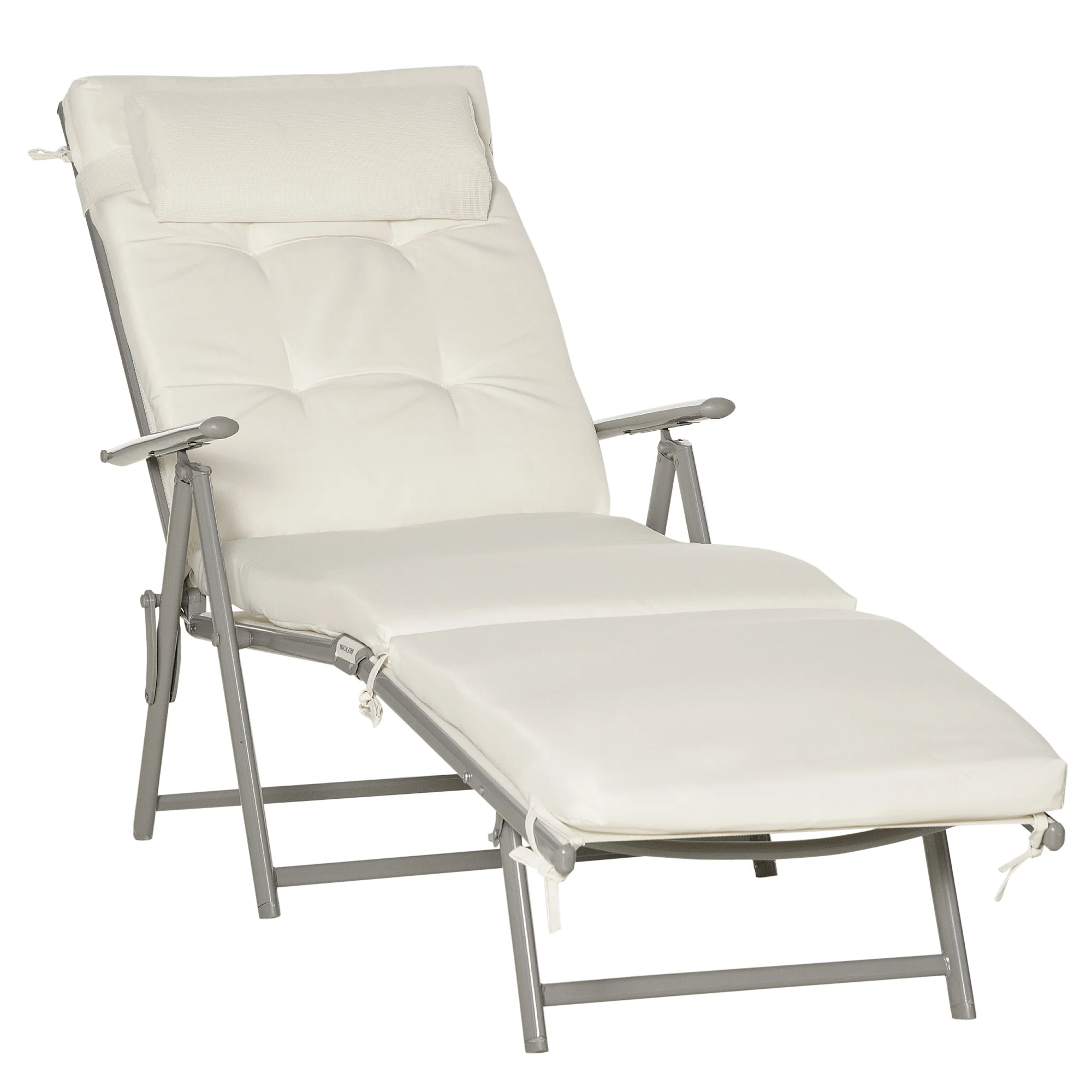 Steel Frame Folding Sun Lounger with Headrest & 7-Level Adjustable Backrest, Cream White - Image 12