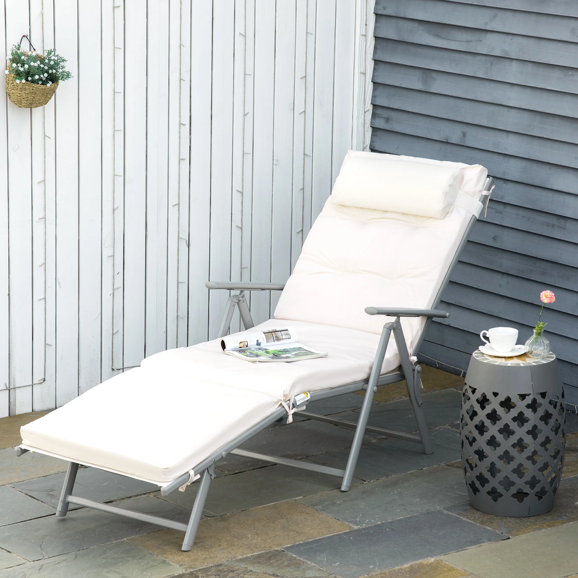 Steel Frame Folding Sun Lounger with Headrest & 7-Level Adjustable Backrest, Cream White - Image 3