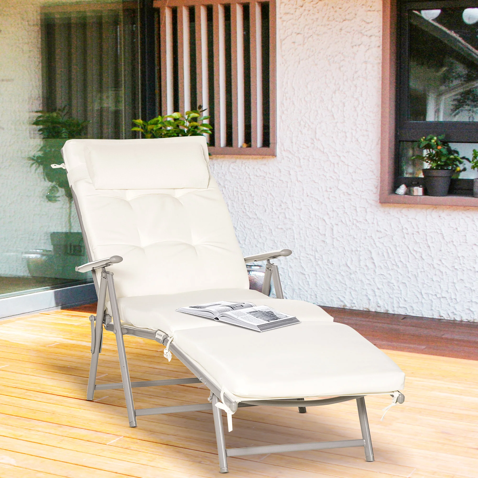 Steel Frame Folding Sun Lounger with Headrest & 7-Level Adjustable Backrest, Cream White - Image 4