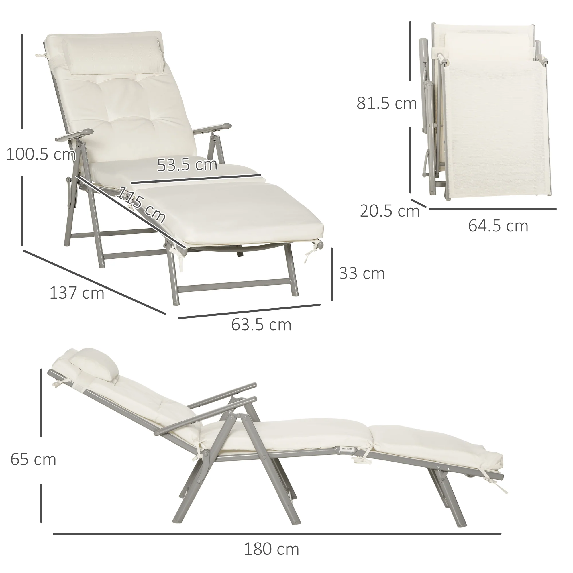 Steel Frame Folding Sun Lounger with Headrest & 7-Level Adjustable Backrest, Cream White - Image 5
