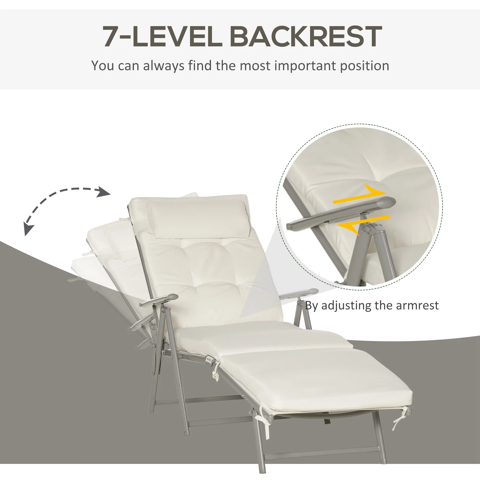Steel Frame Folding Sun Lounger with Headrest & 7-Level Adjustable Backrest, Cream White - Image 6
