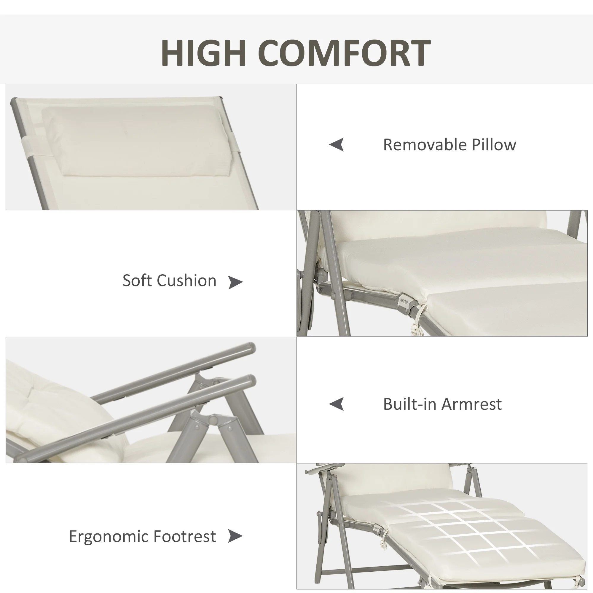 Steel Frame Folding Sun Lounger with Headrest & 7-Level Adjustable Backrest, Cream White - Image 7