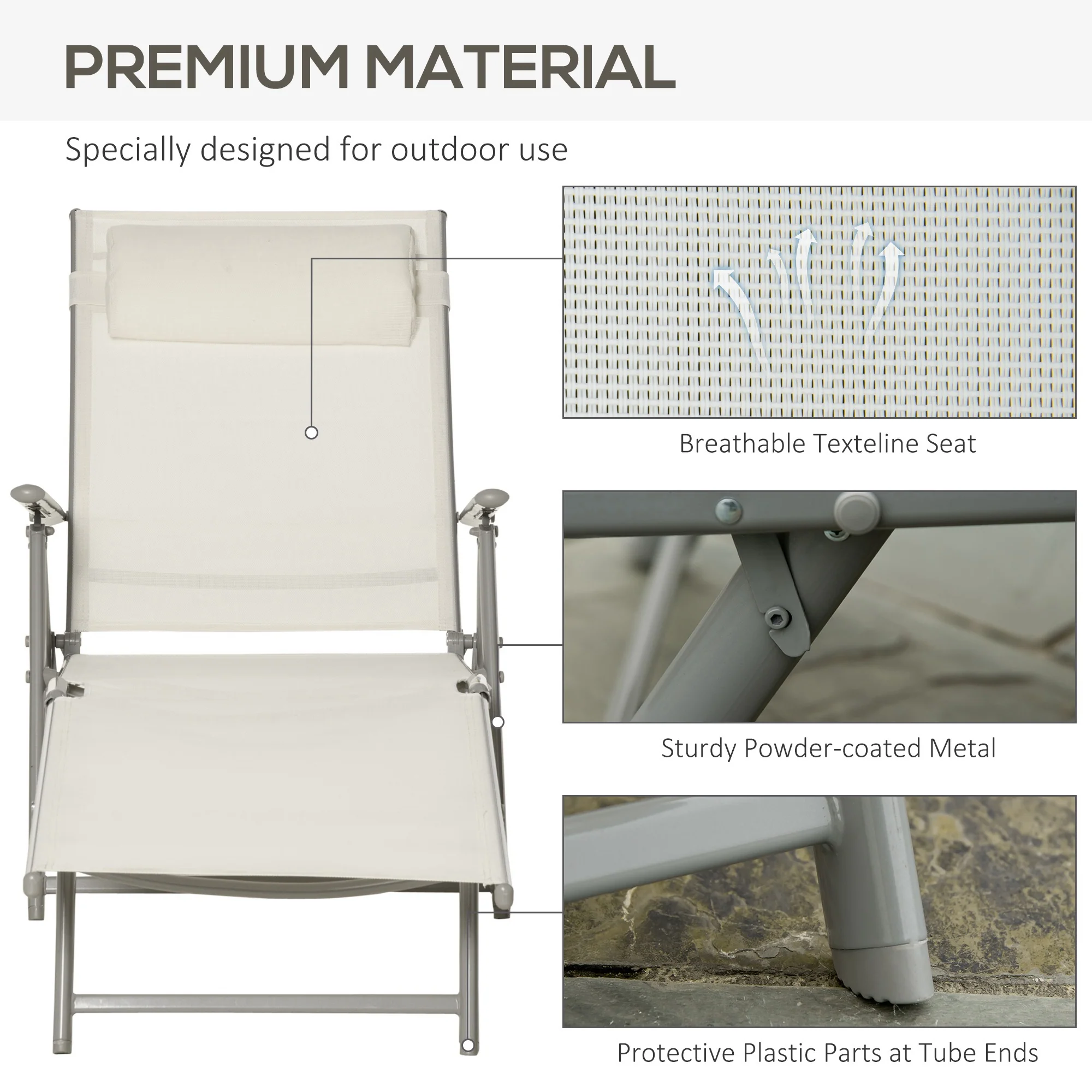 Steel Frame Folding Sun Lounger with Headrest & 7-Level Adjustable Backrest, Cream White - Image 9