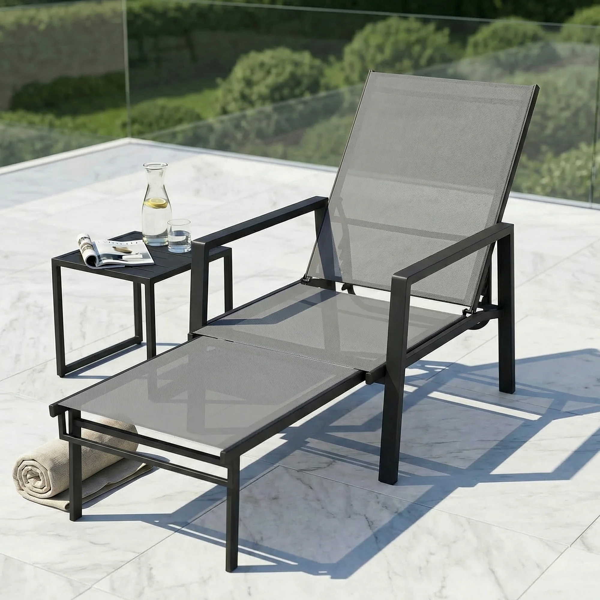 5-Position Sun Lounger with Retractable Footrest, Steel for Patio & Camping, Dark Grey - Image 4